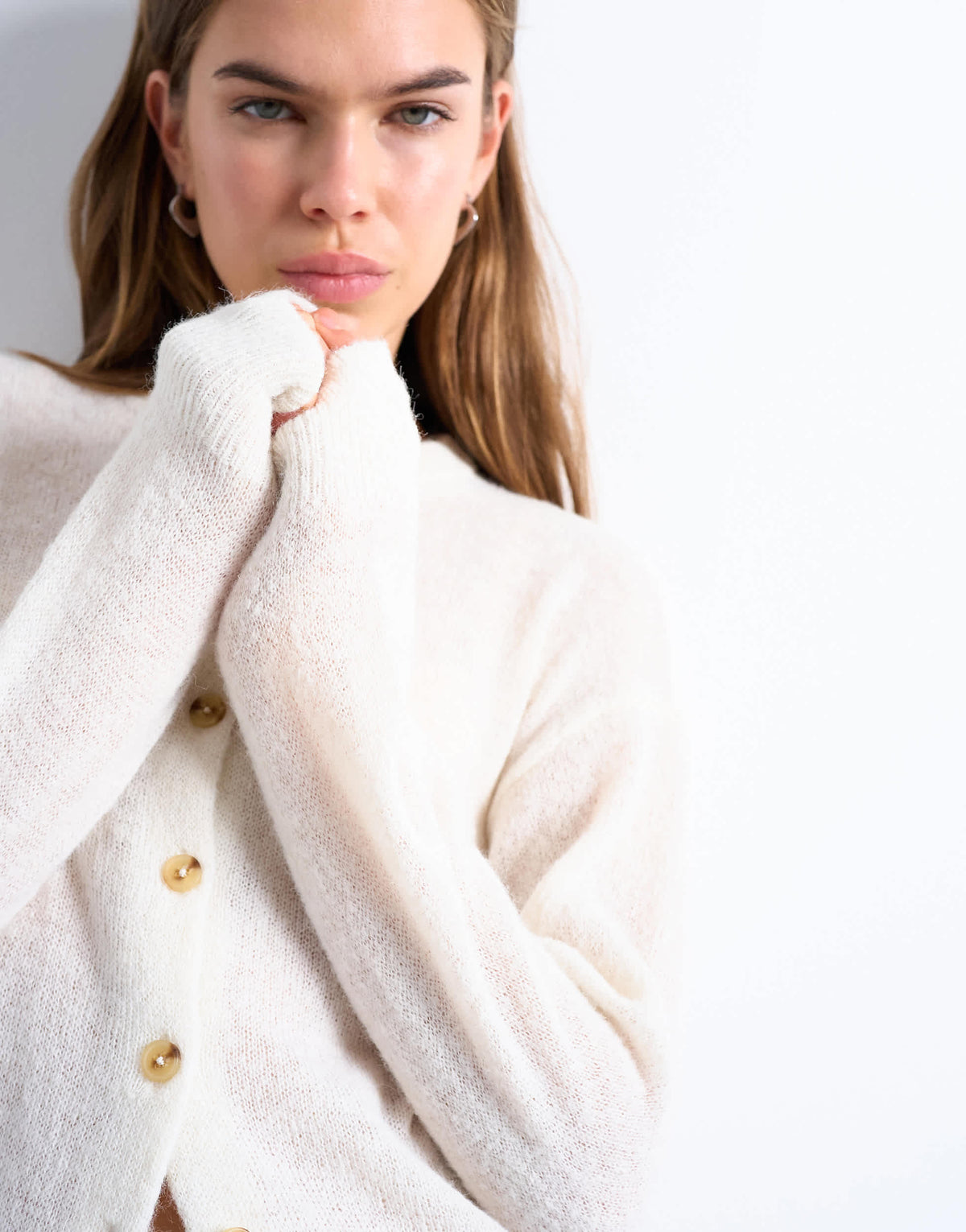Topshop knitted lightweight crew cardigan in oat