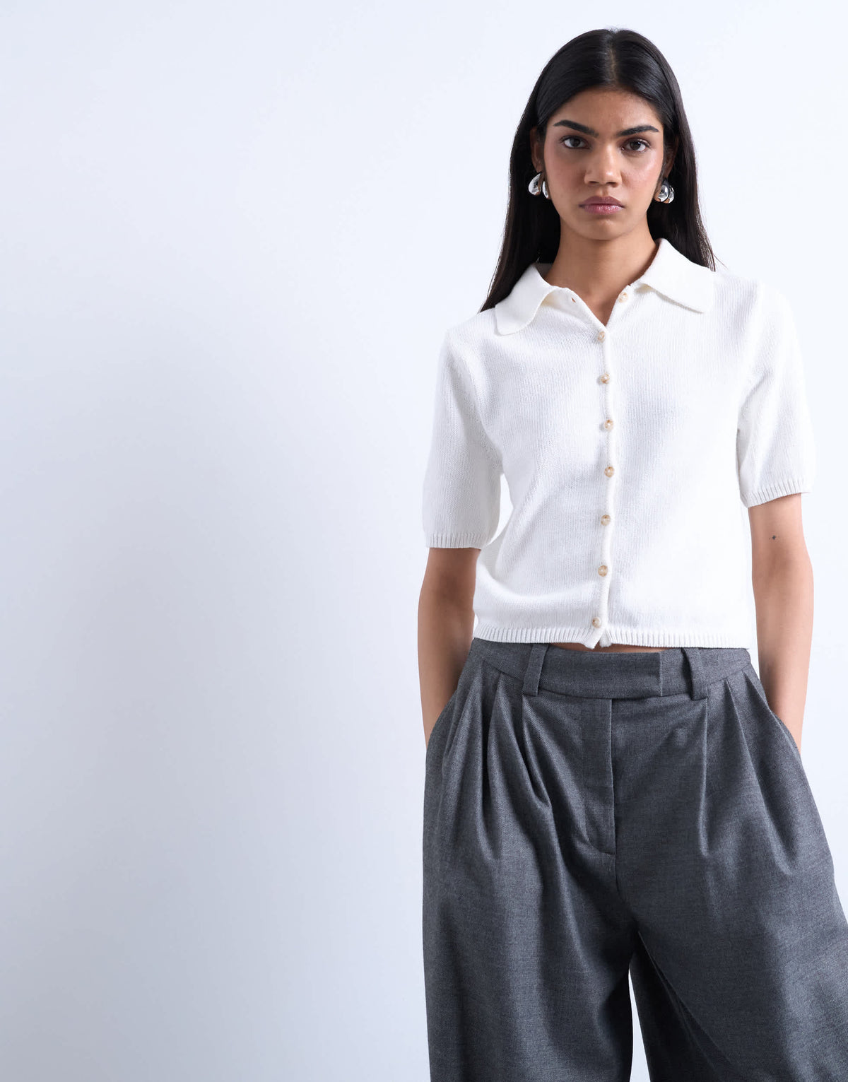 Topshop knitted short sleeve polo top in neutral