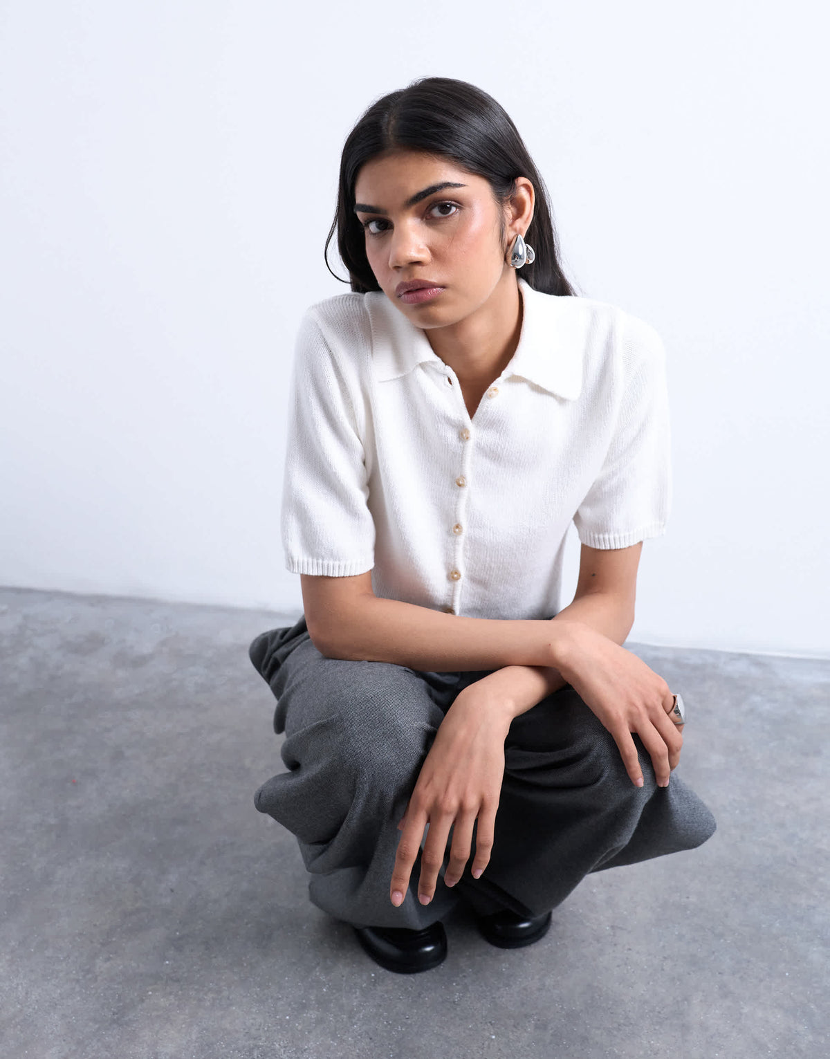 Topshop knitted short sleeve polo top in neutral
