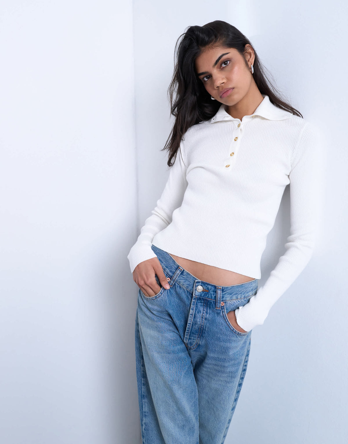 Topshop knitted rib collar polo in ivory