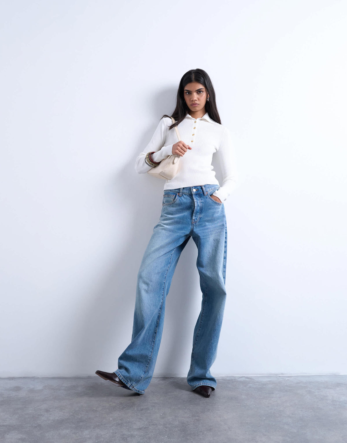 Topshop knitted rib collar polo in ivory