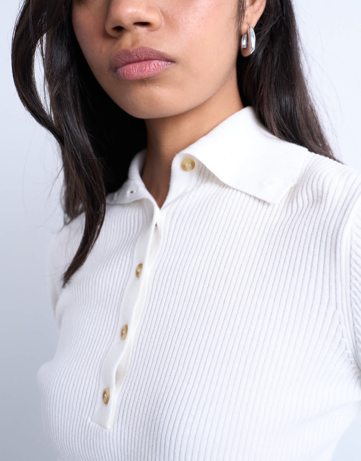 Topshop knitted rib collar polo in ivory