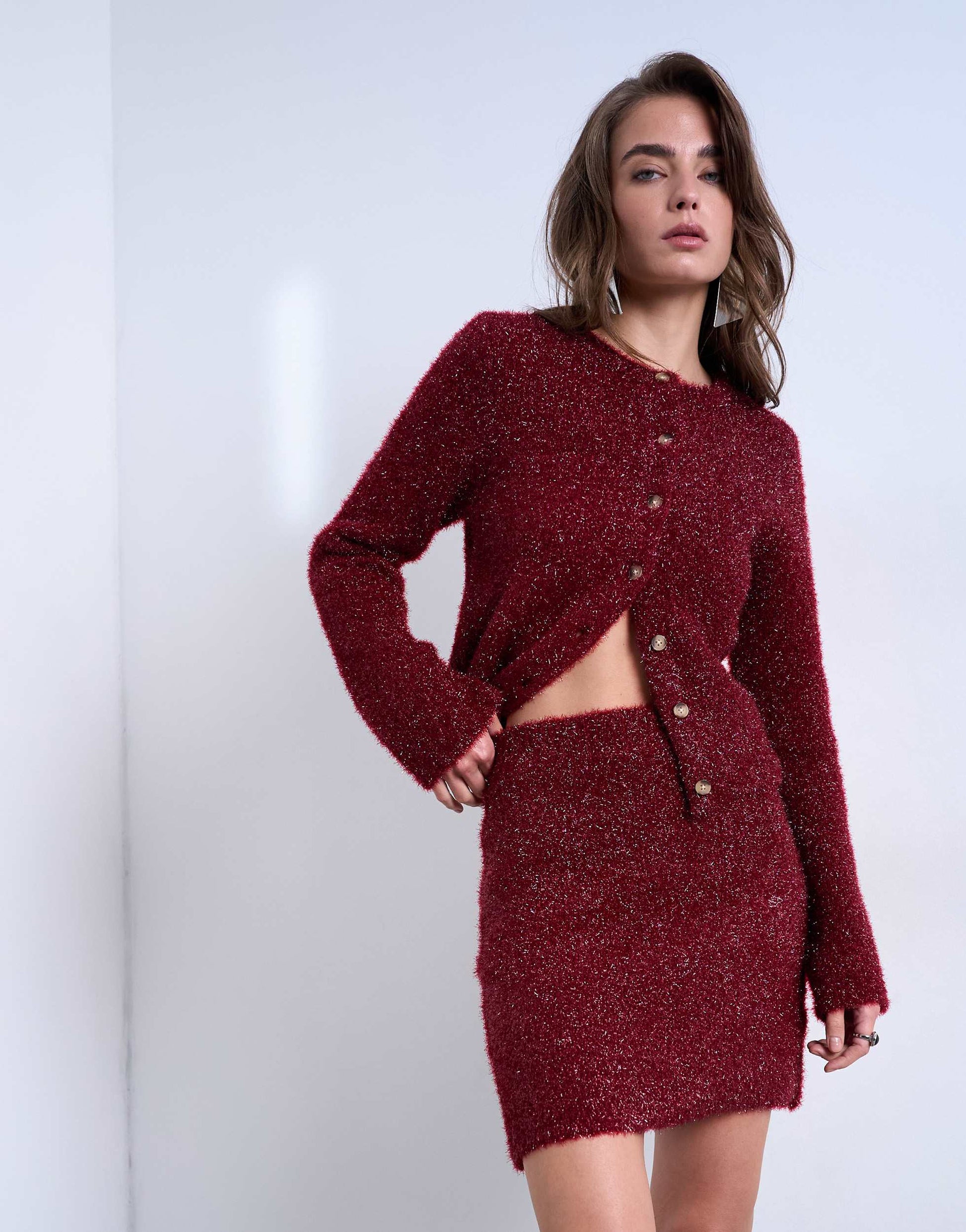 Topshop knitted tinsel co-ord skirt in burgundy