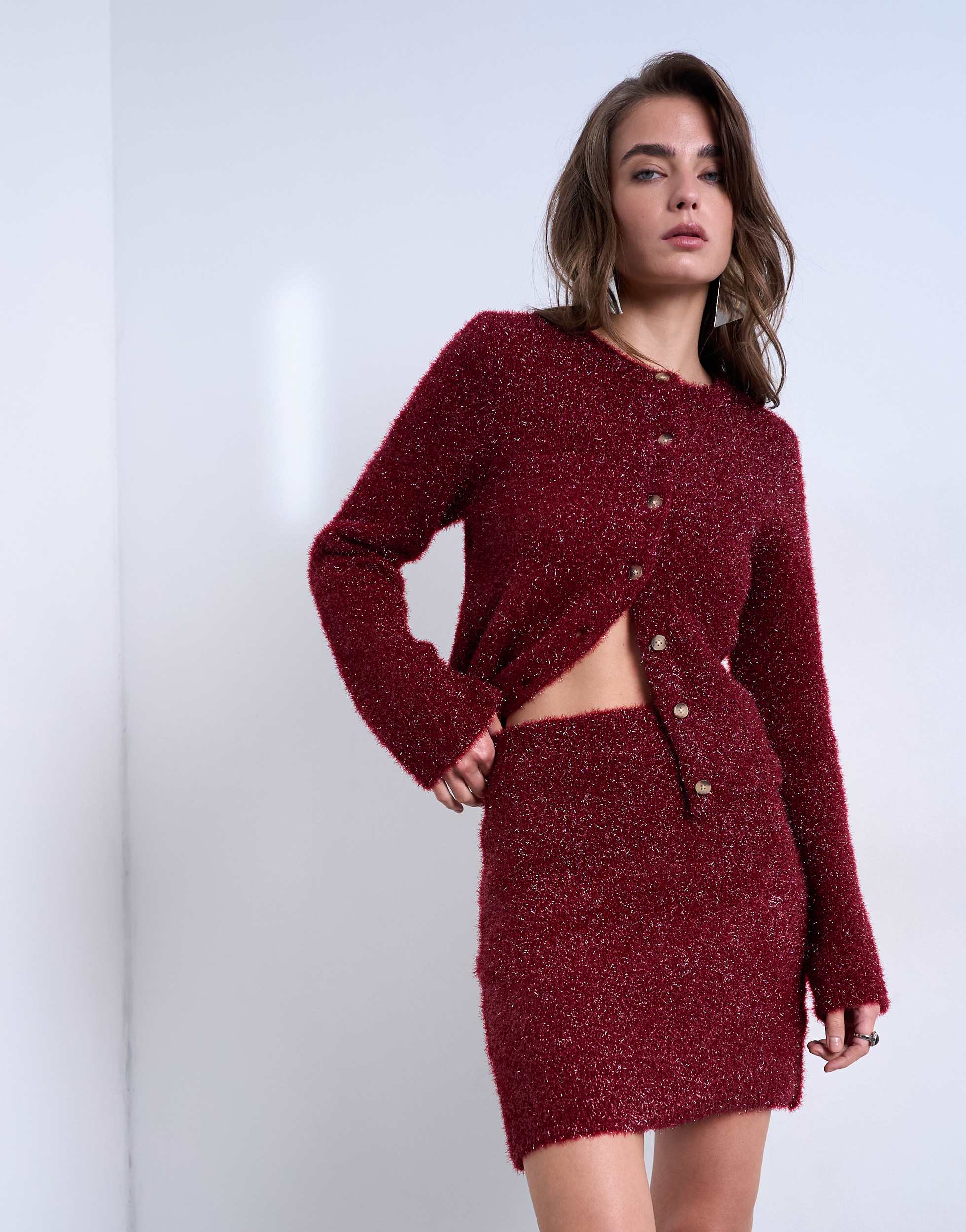 Topshop knitted tinsel co-ord skirt in burgundy