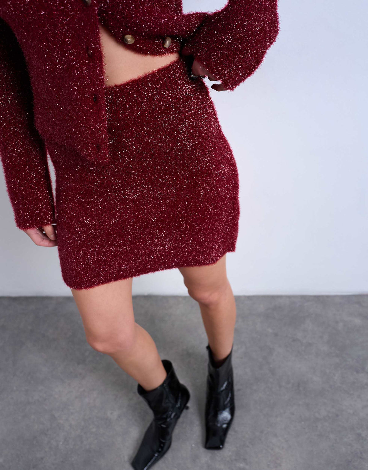 Topshop knitted tinsel co-ord skirt in burgundy