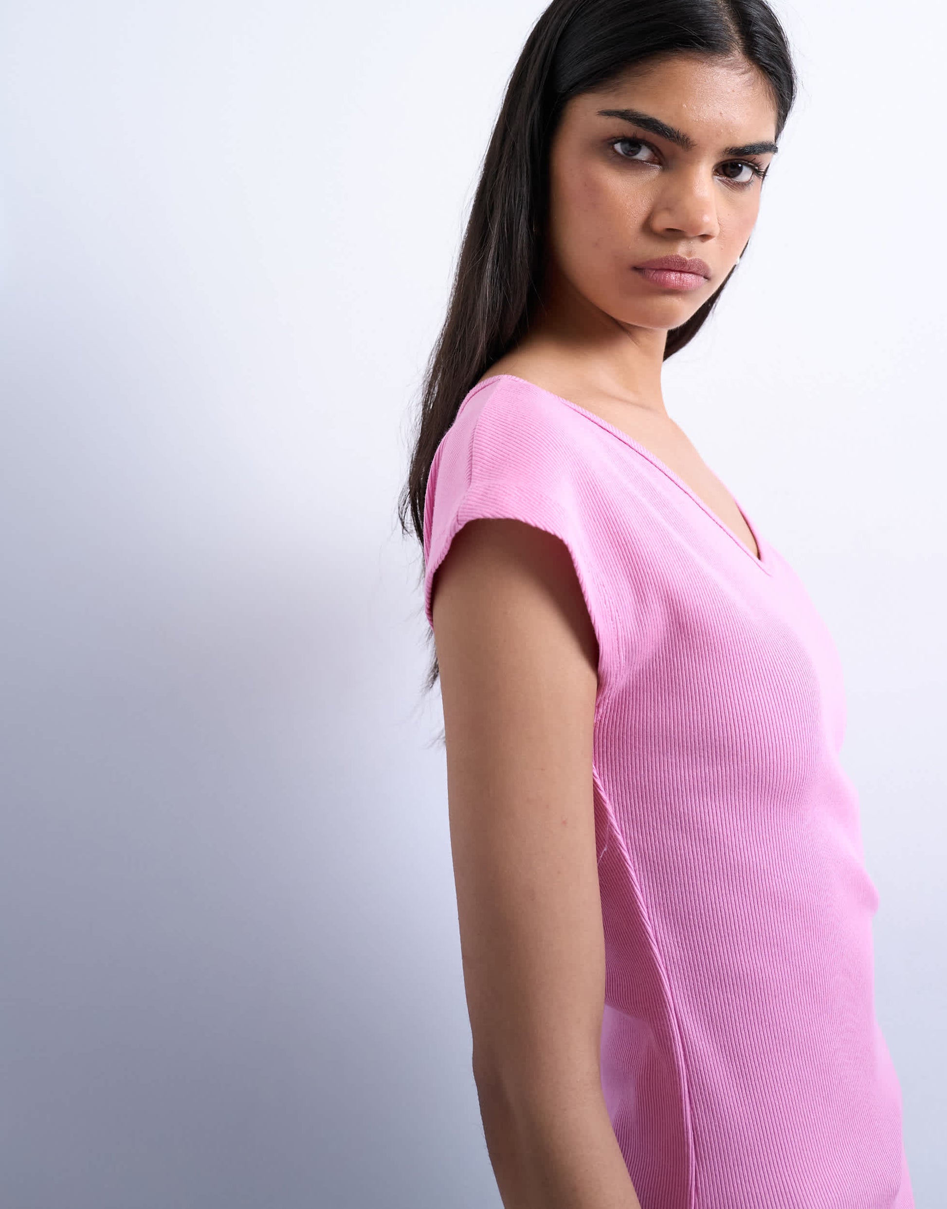 Topshop rib fitted v-neck cap sleeve tank in pink
