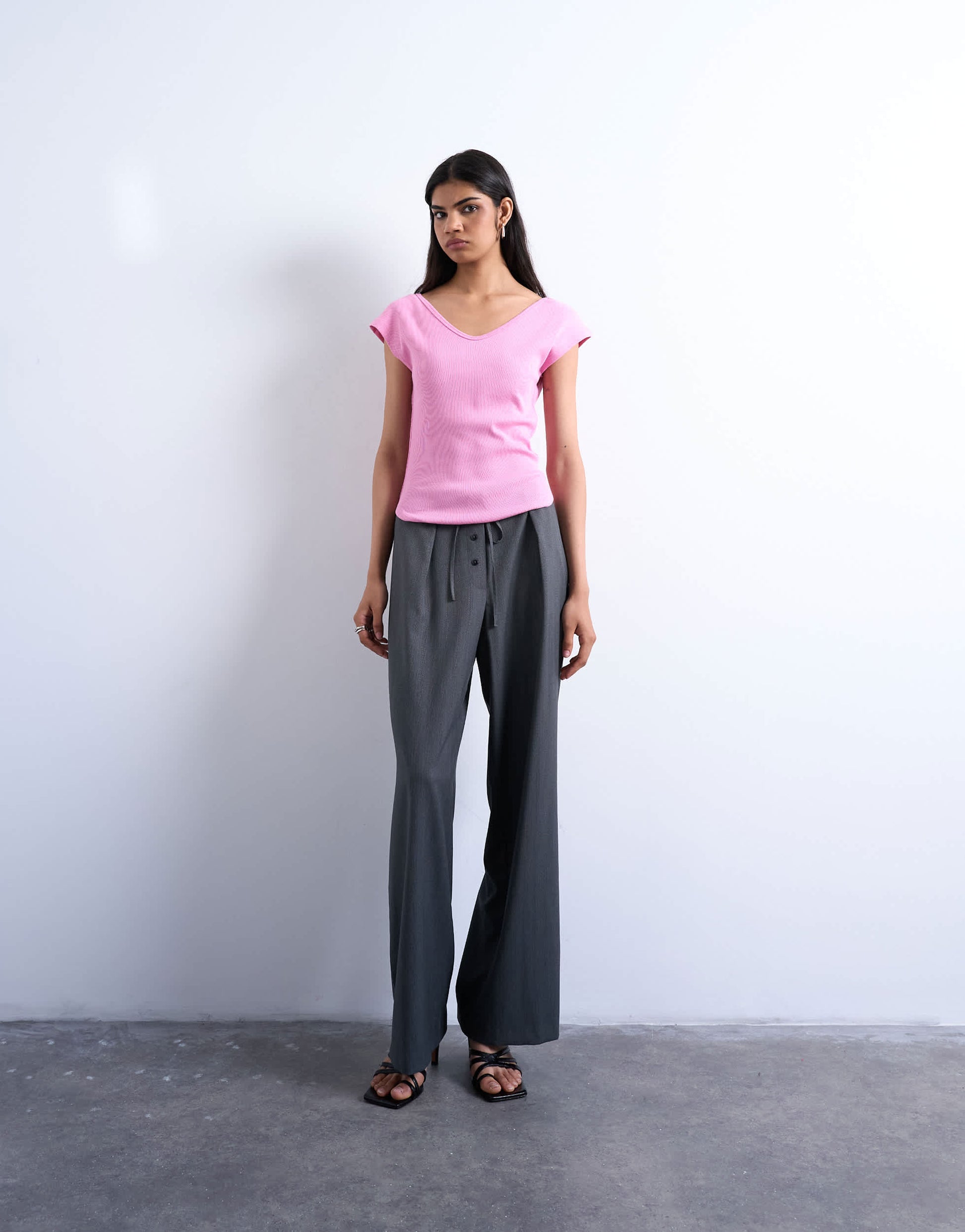 Topshop rib fitted v-neck cap sleeve tank in pink