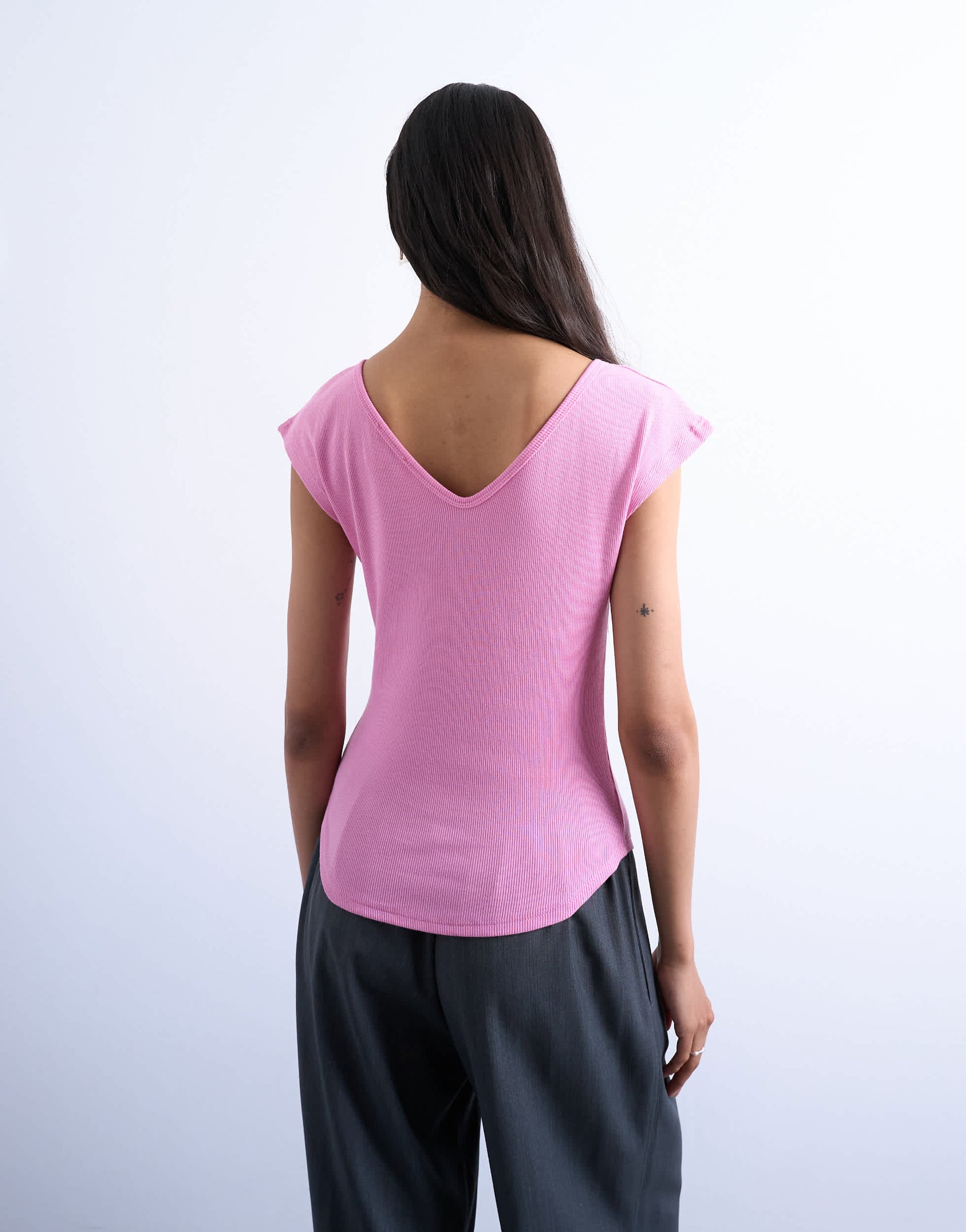 Topshop rib fitted v-neck cap sleeve tank in pink
