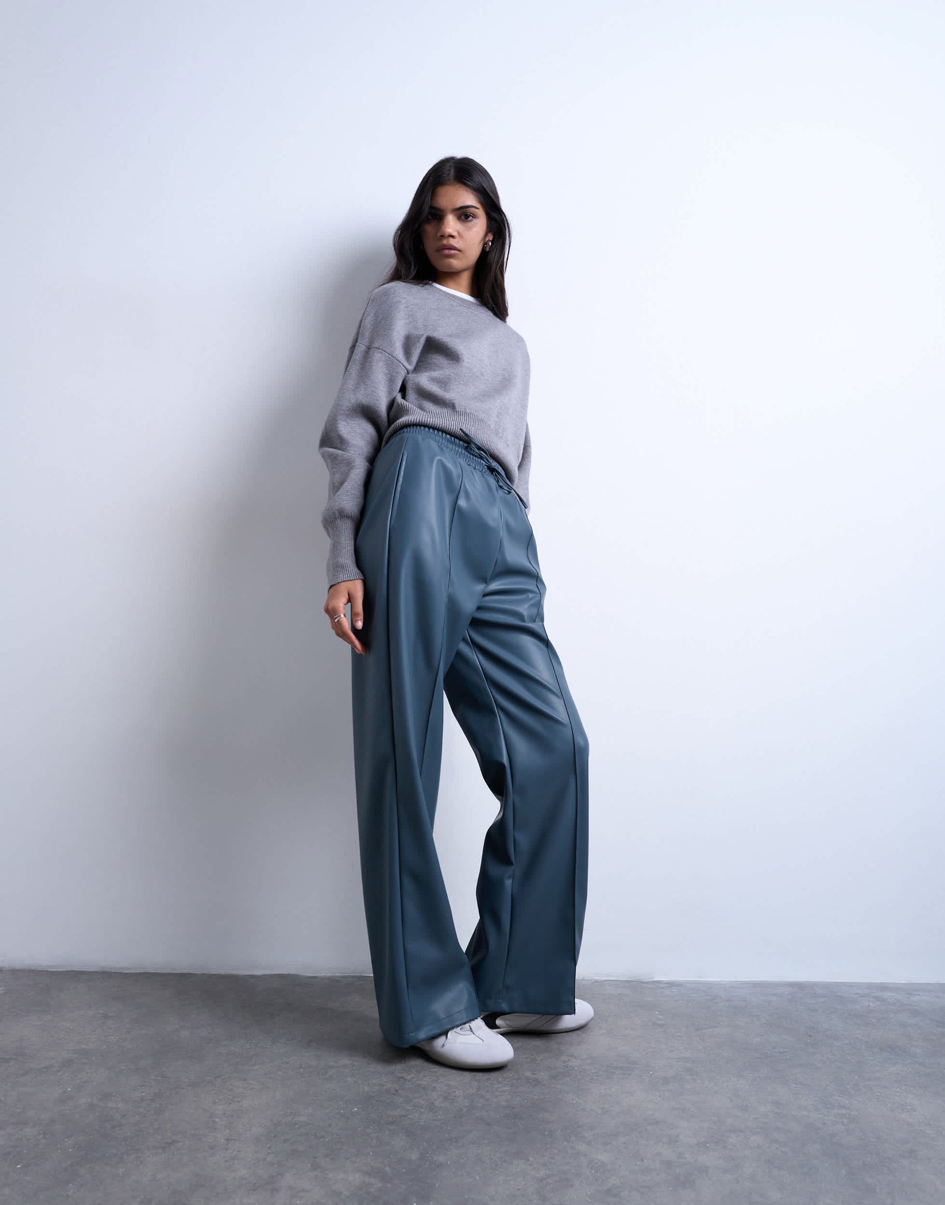 Topshop faux leather wide leg jogger with pinseam detail in blue