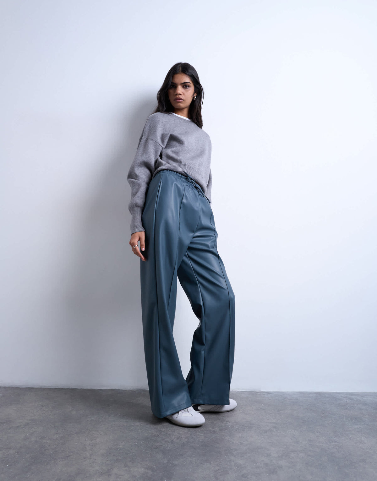 Topshop faux leather wide leg jogger with pinseam detail in blue