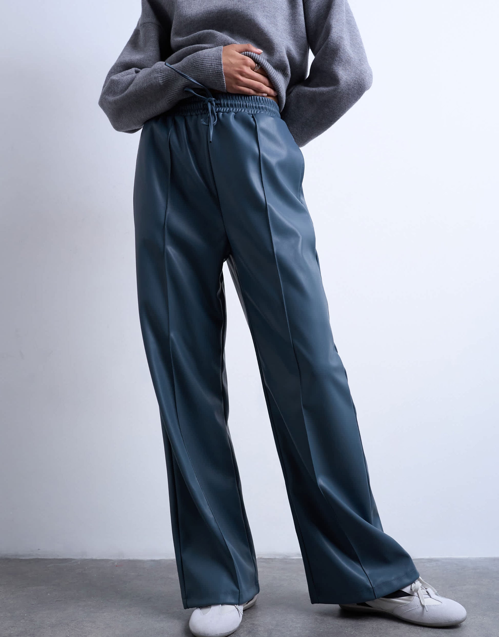 Topshop faux leather wide leg jogger with pinseam detail in blue