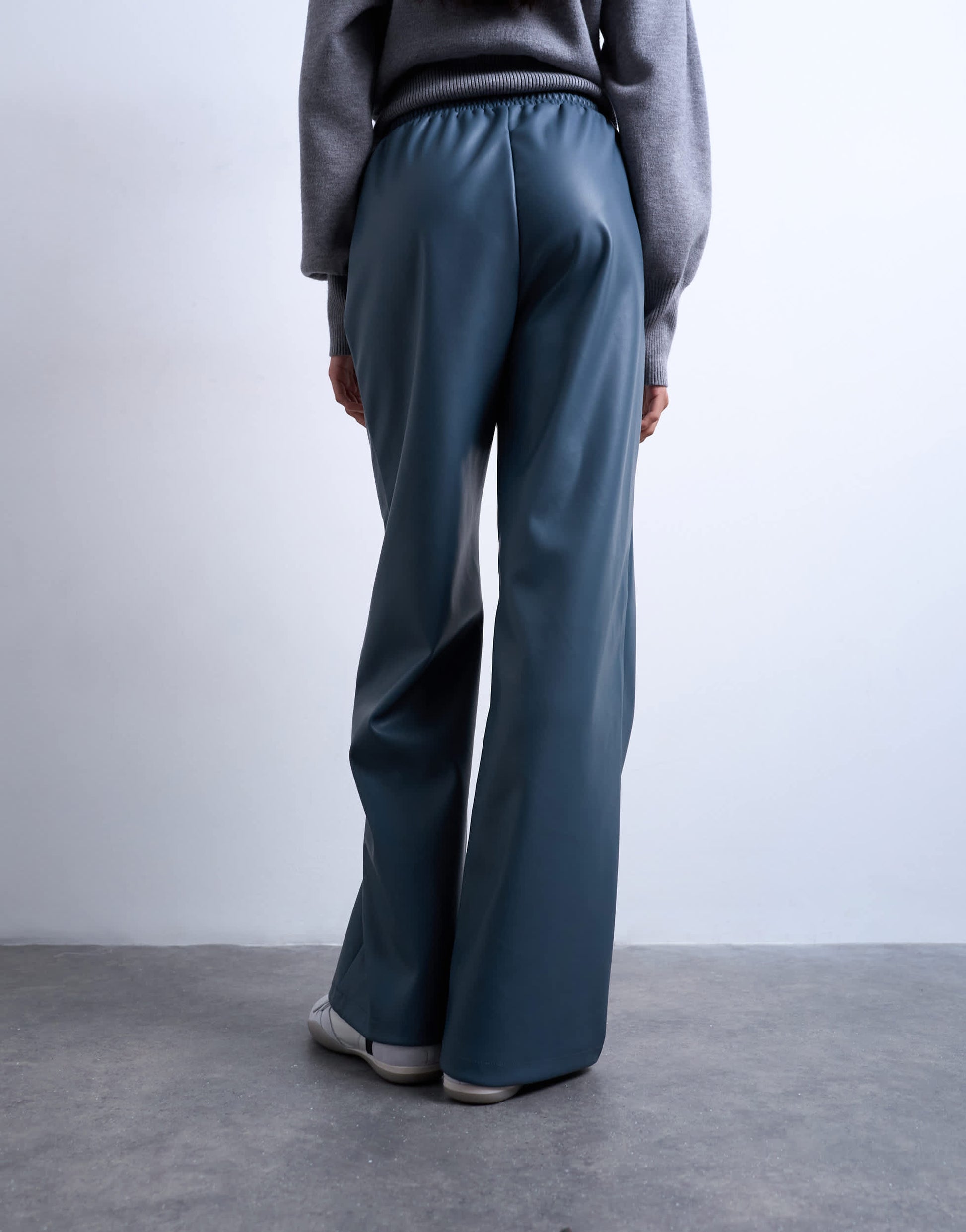 Topshop faux leather wide leg jogger with pinseam detail in blue