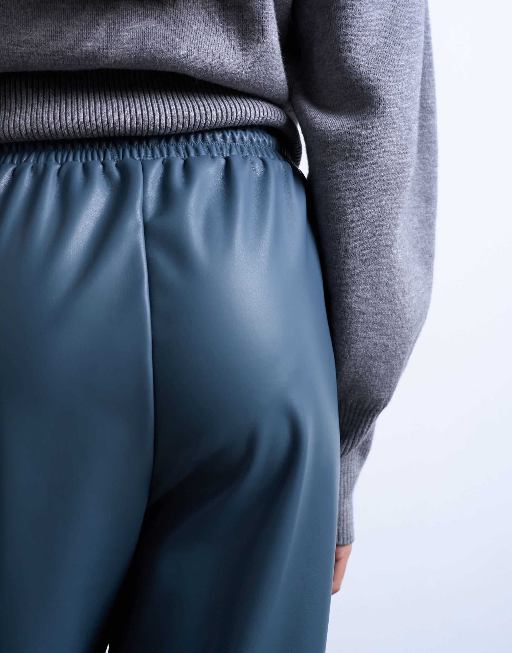 Topshop faux leather wide leg jogger with pinseam detail in blue