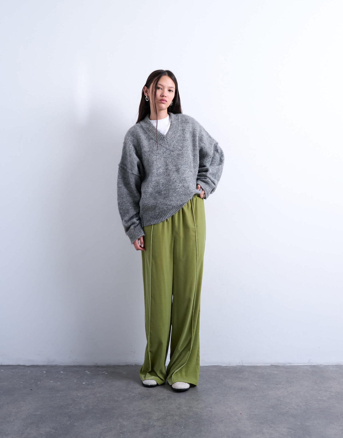 Topshop velvet mid rise tie waist wide leg jogger in bright green