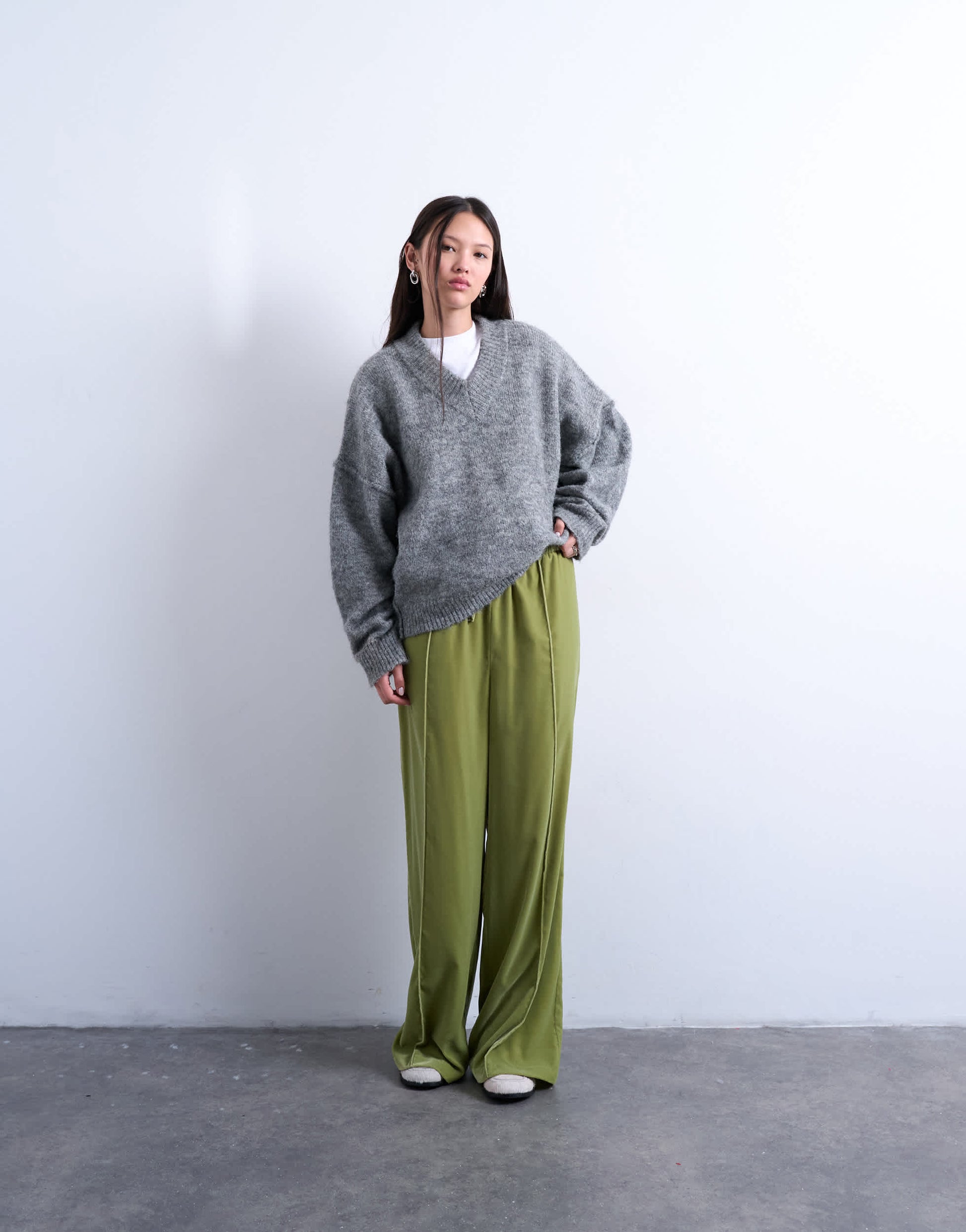 Topshop velvet mid rise tie waist wide leg jogger in bright green