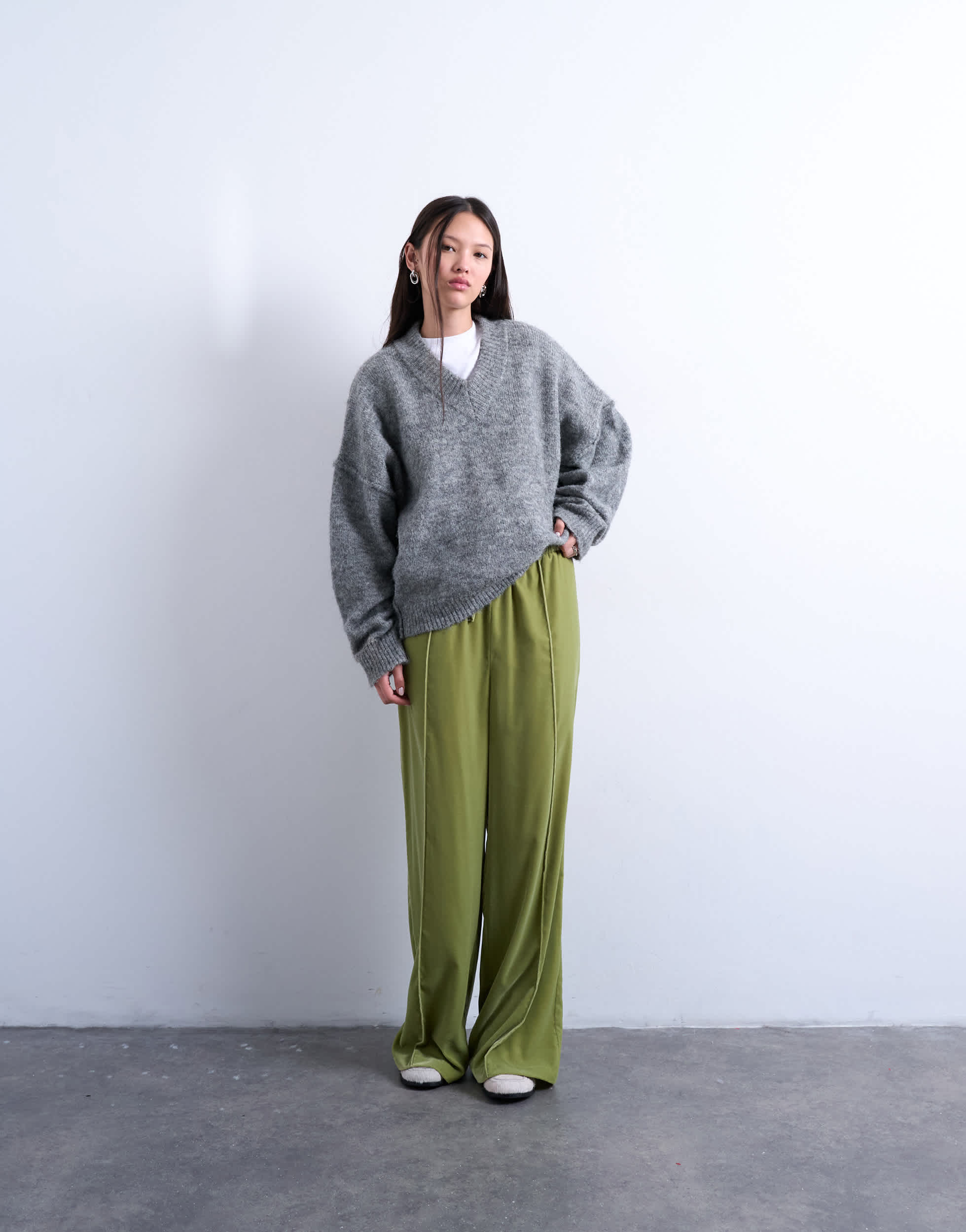 Topshop velvet mid rise tie waist wide leg jogger in bright green