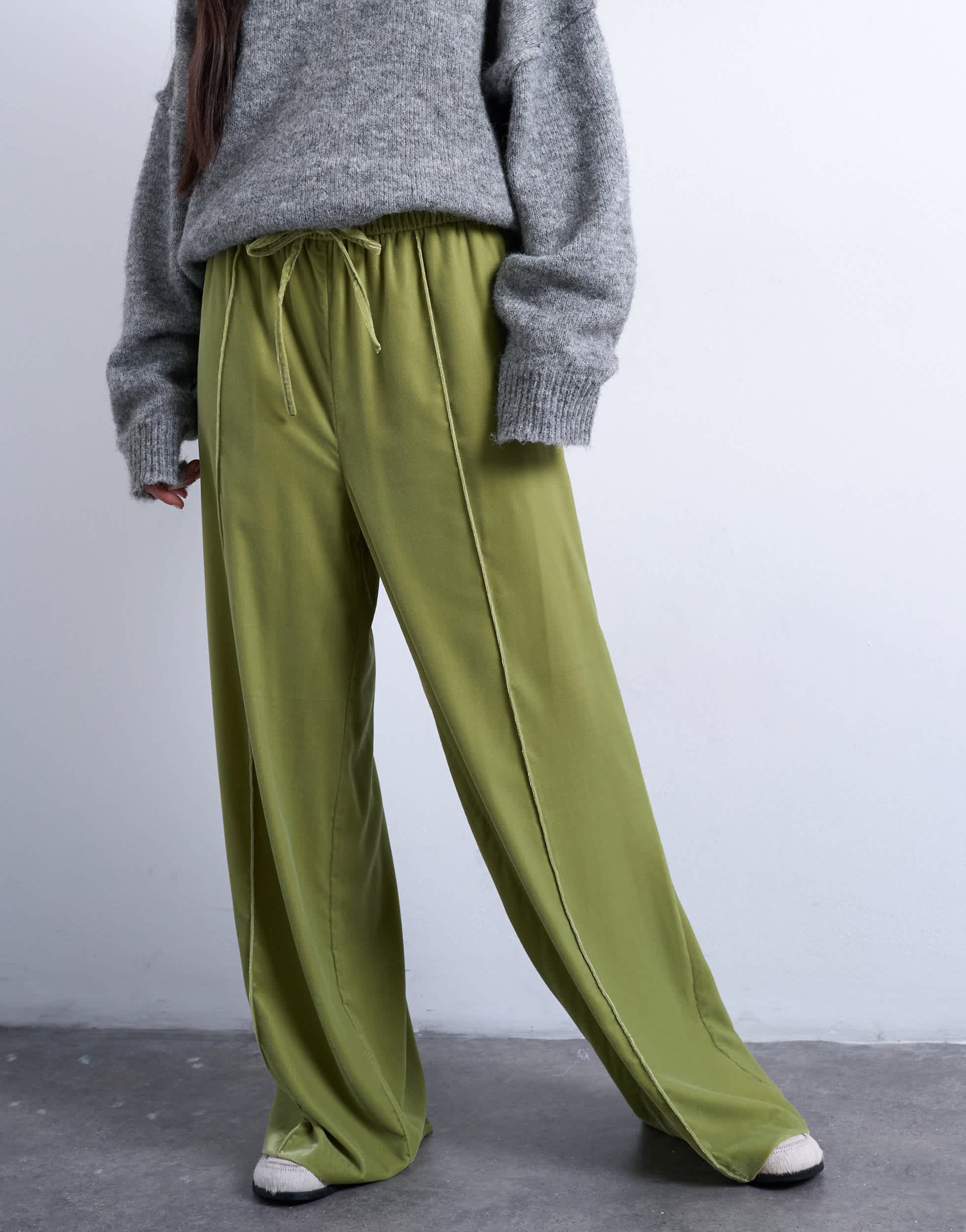Topshop velvet mid rise tie waist wide leg jogger in bright green