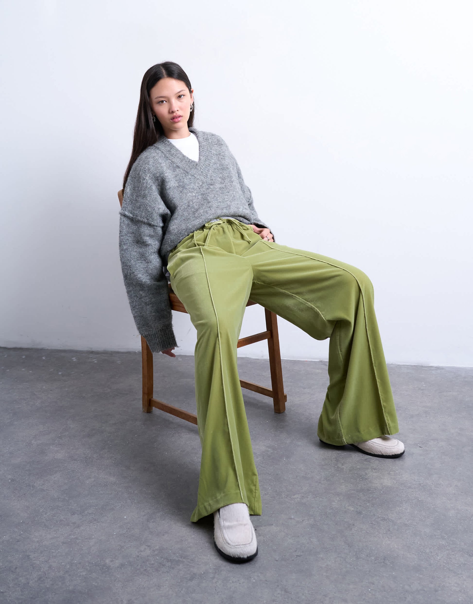 Topshop velvet mid rise tie waist wide leg jogger in bright green