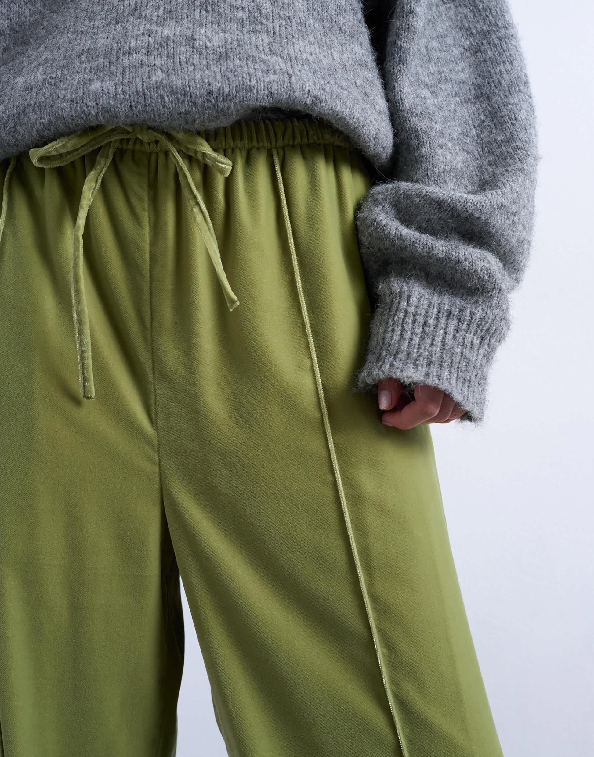 Topshop velvet mid rise tie waist wide leg jogger in bright green
