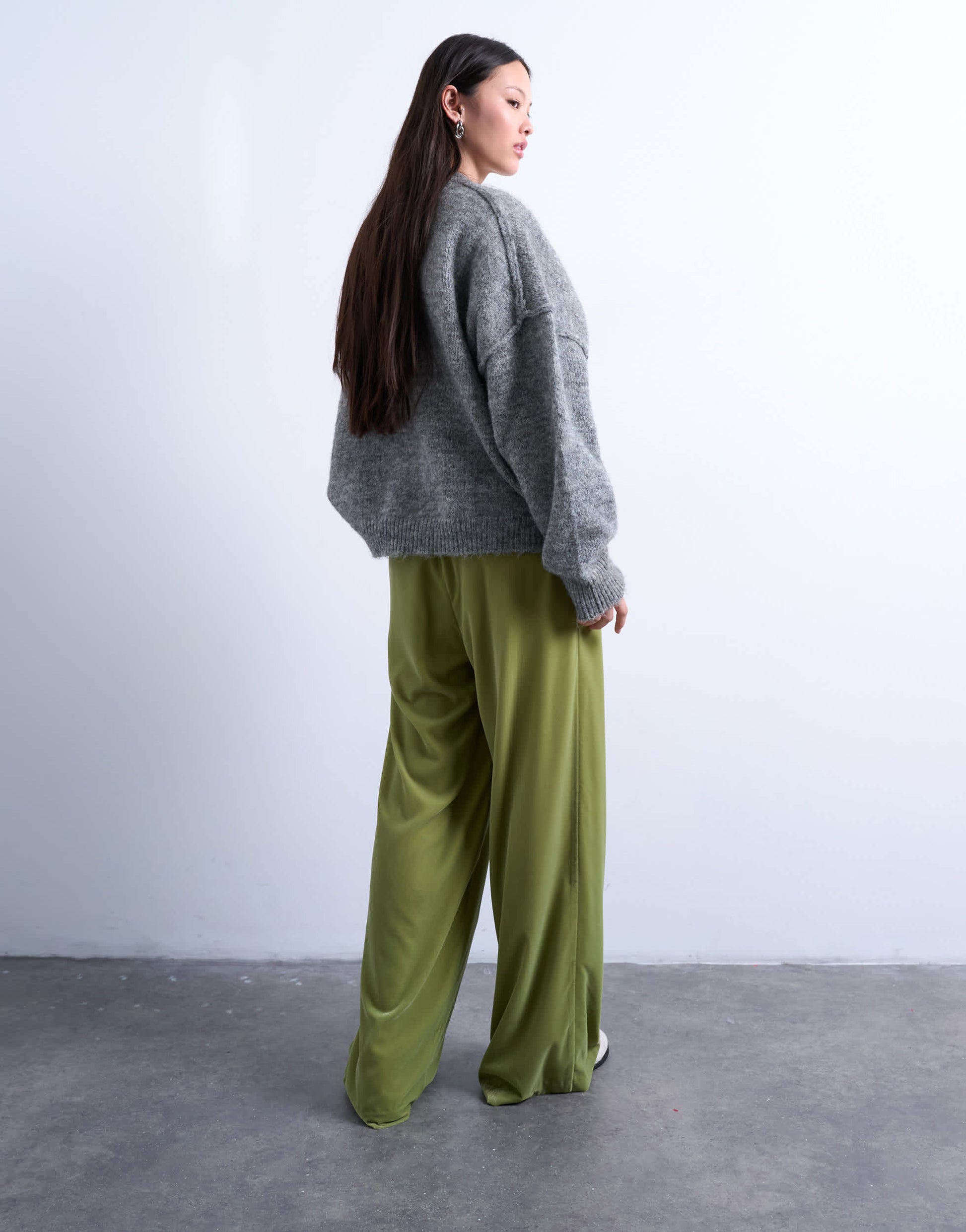 Topshop velvet mid rise tie waist wide leg jogger in bright green