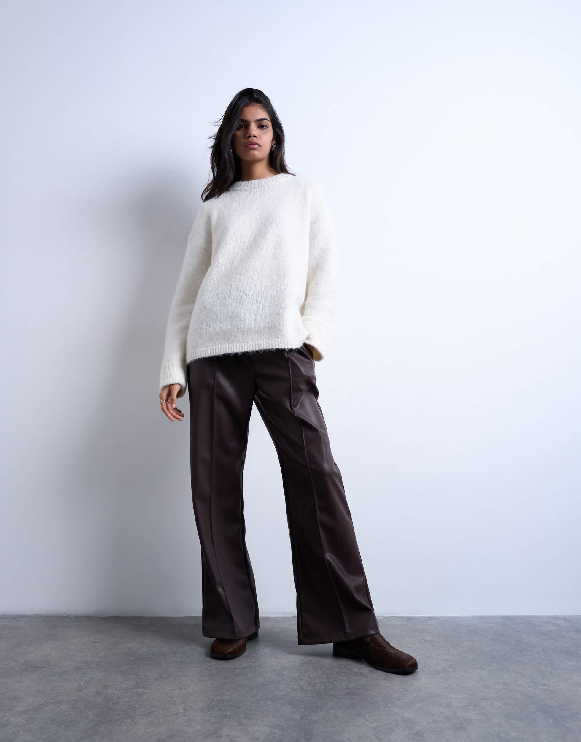 Topshop faux leather wide leg jogger with pinseam detail in chocolate