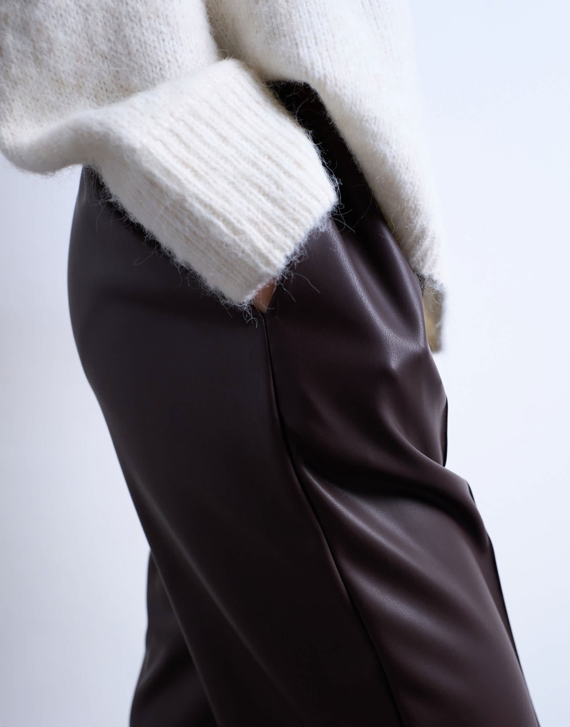 Topshop faux leather wide leg jogger with pinseam detail in chocolate
