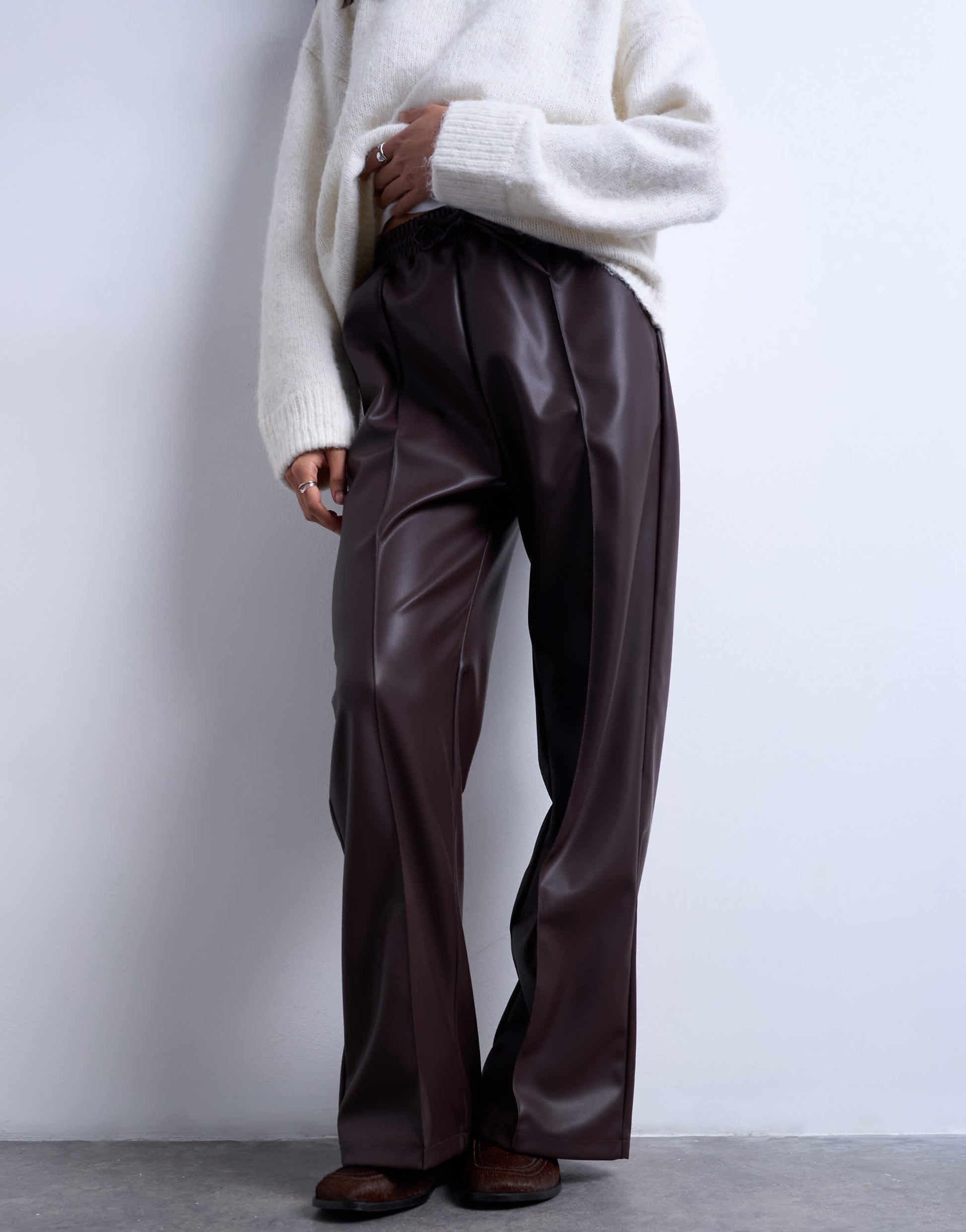 Topshop faux leather wide leg jogger with pinseam detail in chocolate