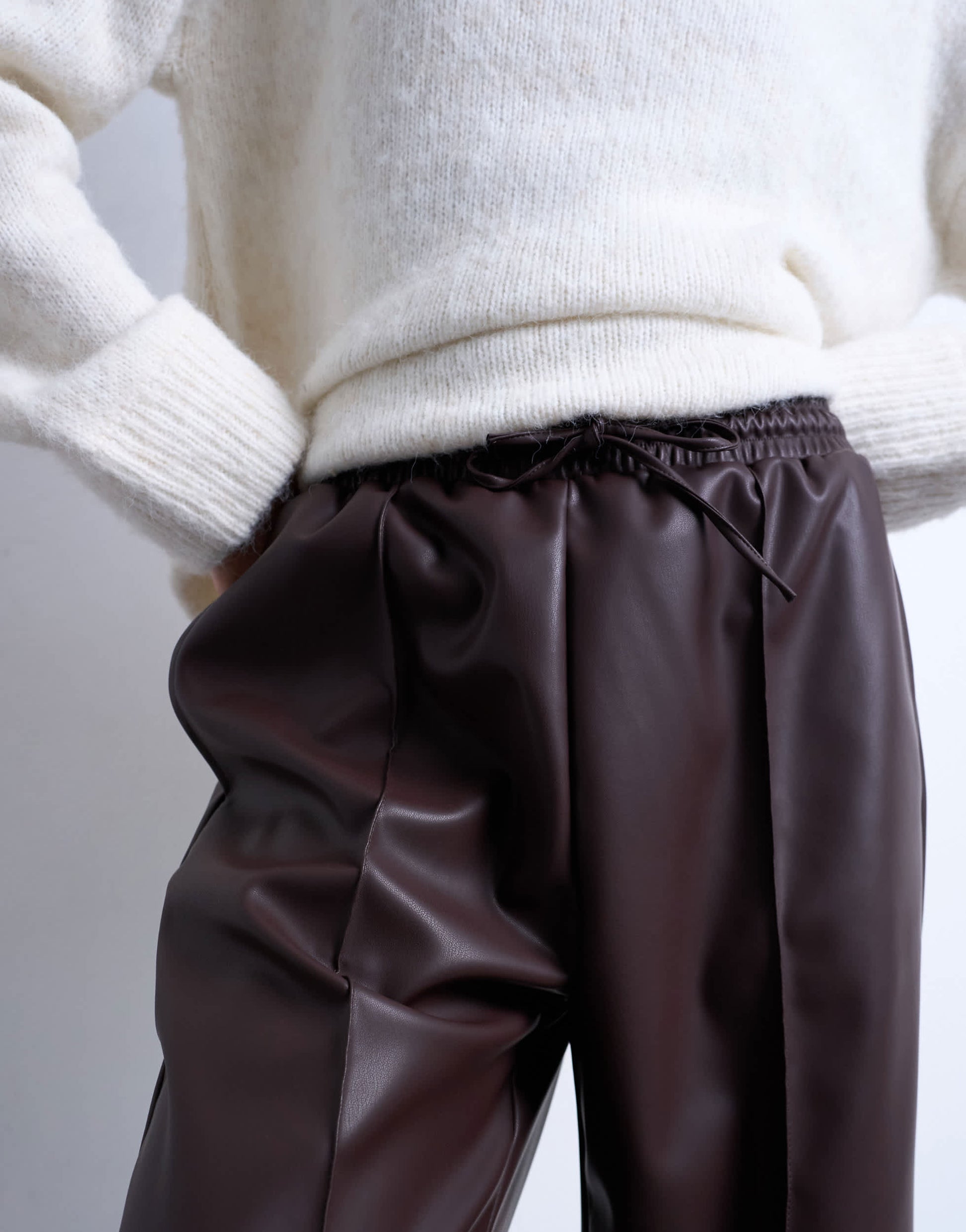 Topshop faux leather wide leg jogger with pinseam detail in chocolate