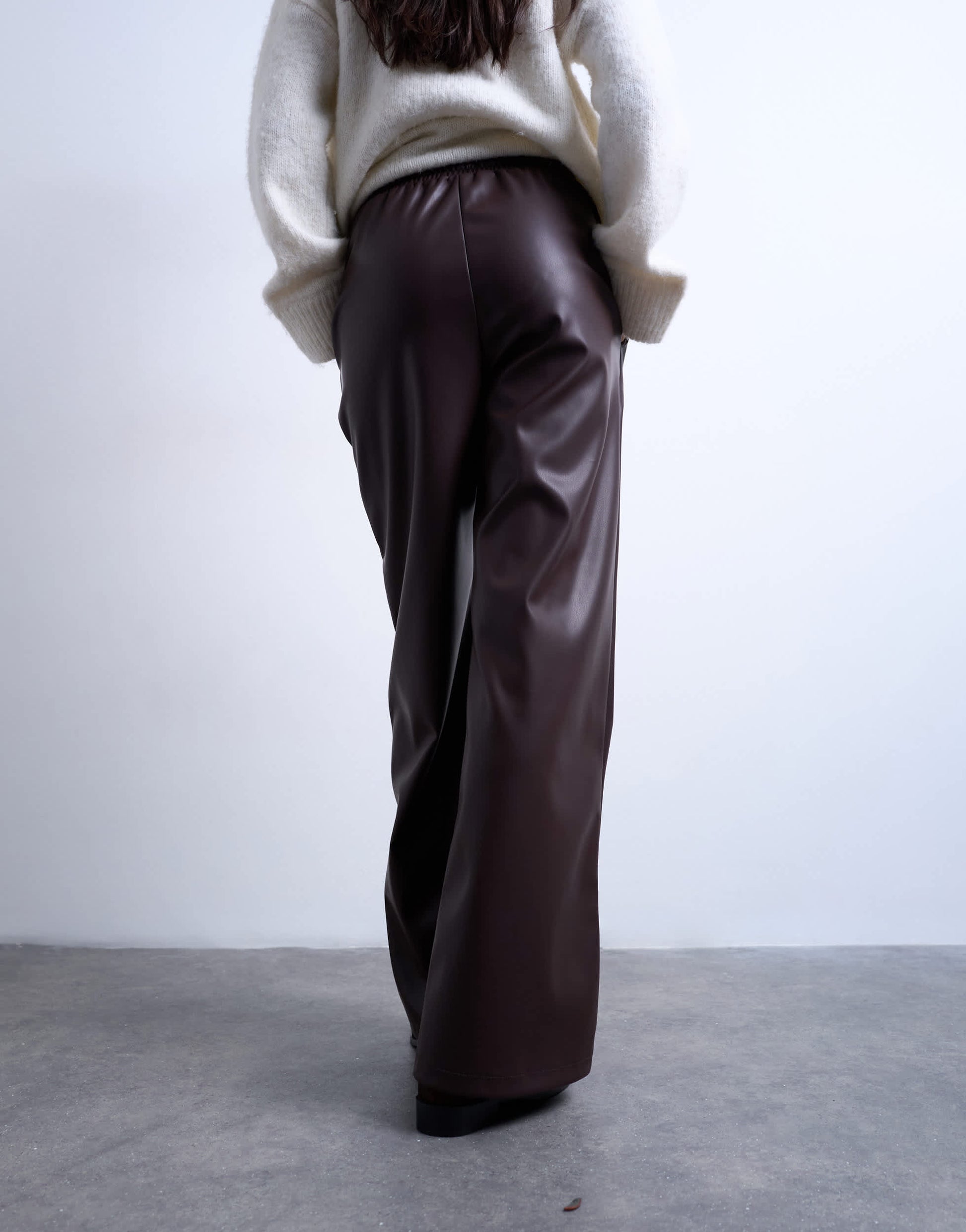 Topshop faux leather wide leg jogger with pinseam detail in chocolate
