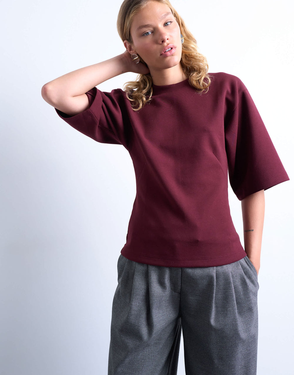 Topshop scuba-style fabric cinch short sleeve tee in burgundy
