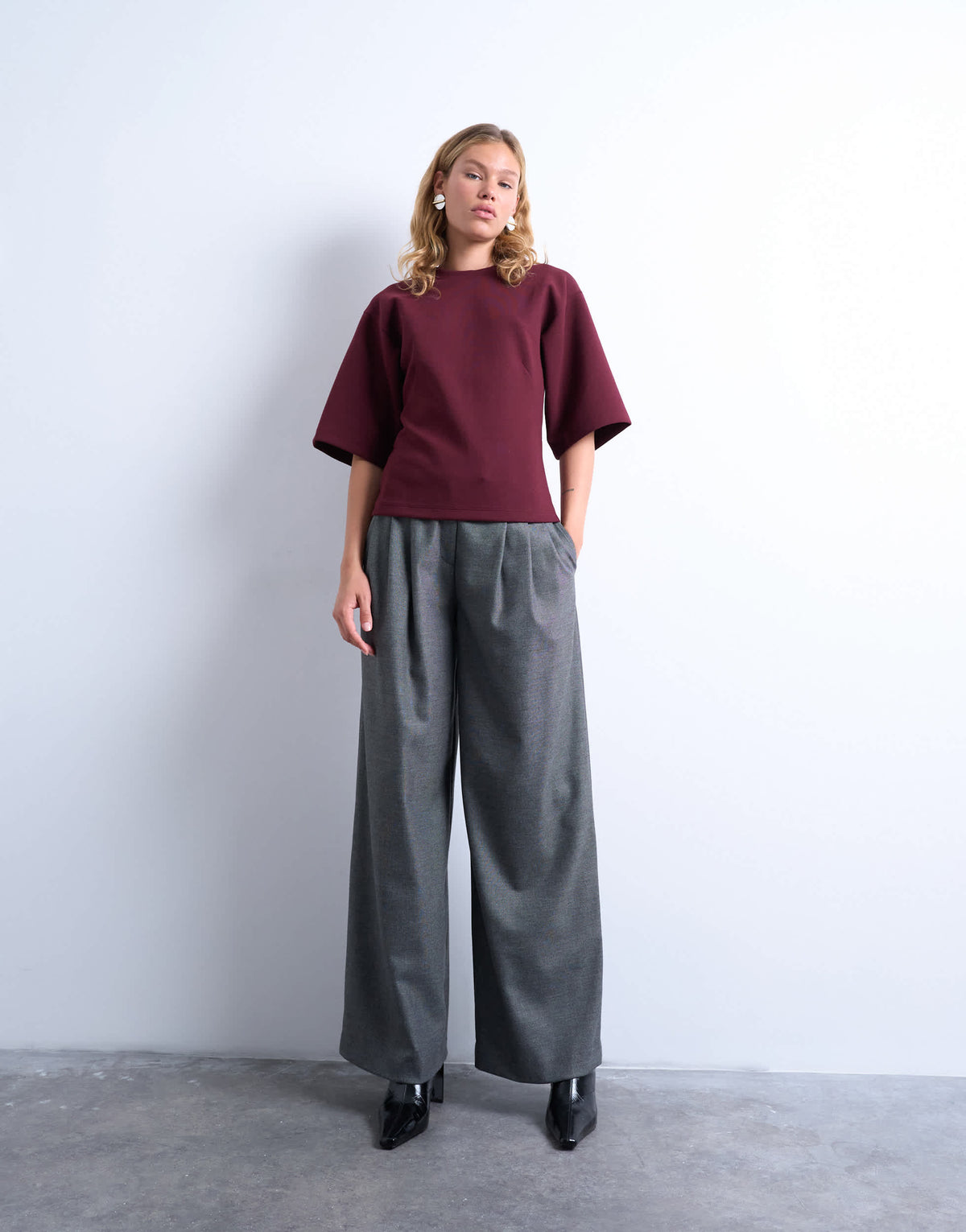 Topshop scuba-style fabric cinch short sleeve tee in burgundy
