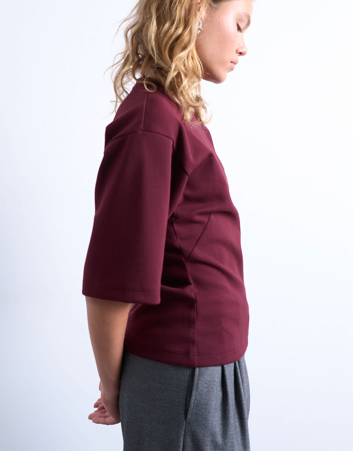 Topshop scuba-style fabric cinch short sleeve tee in burgundy