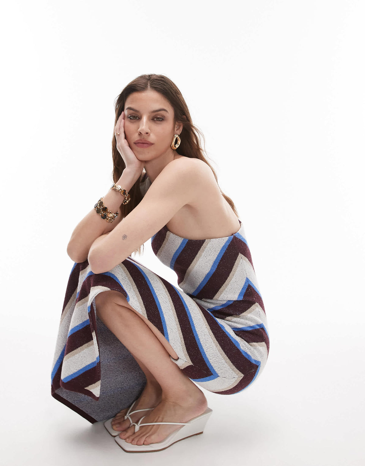 Topshop knitted one shoulder maxi dress in stripe