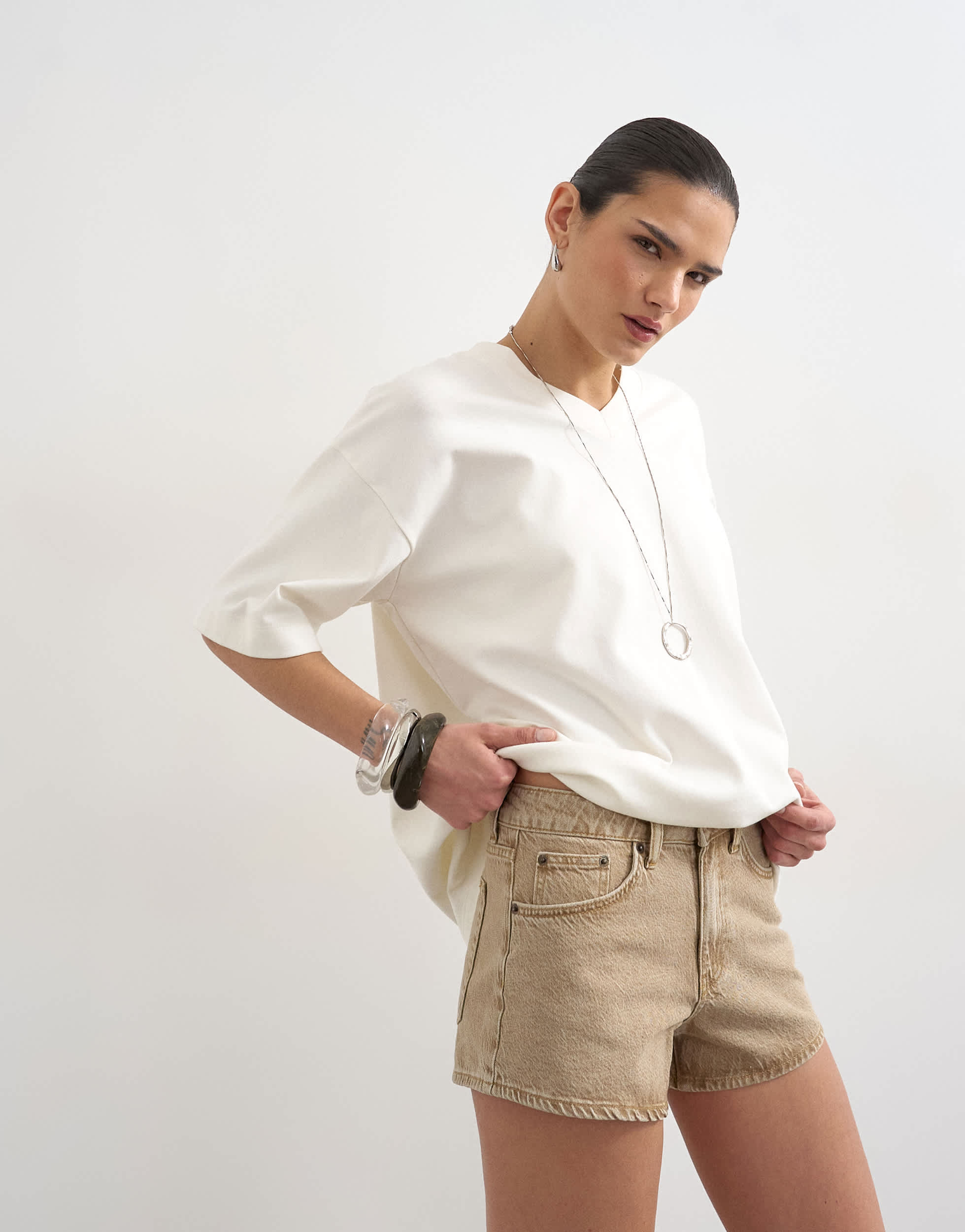 Topshop denim knicker shorts in washed beige