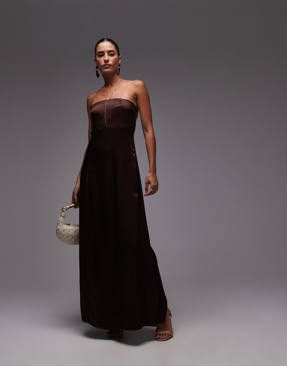 Topshop satin bandeau midi dress in chocolate