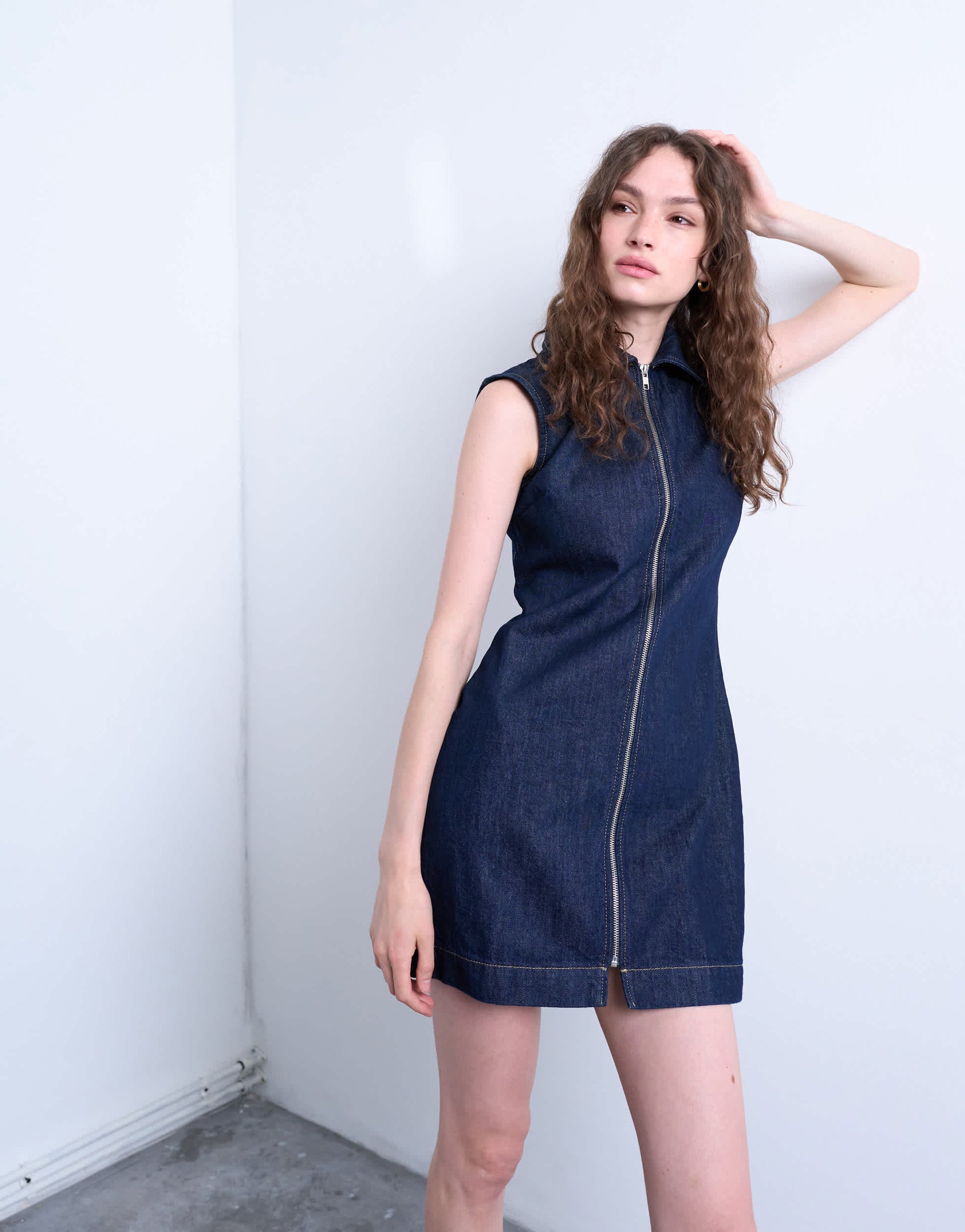 Topshop denim sleeveless zip through dress in indigo rinse