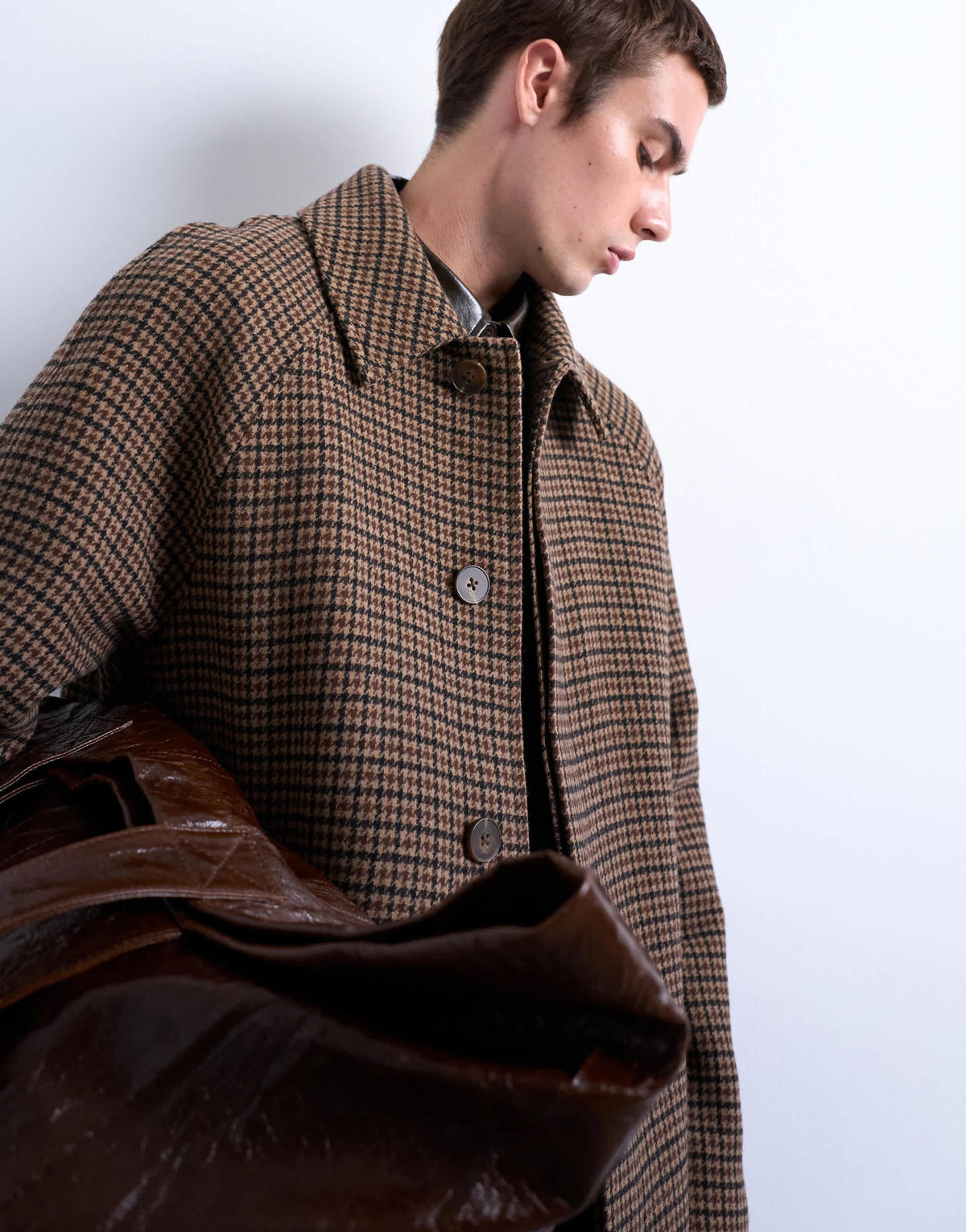 Topman oversized brushed check overcoat with wool in brown