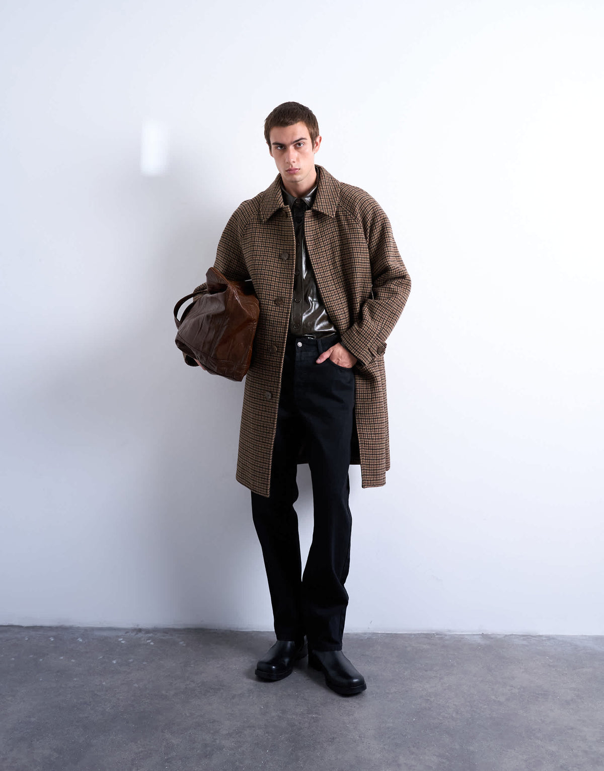 Topman oversized brushed check overcoat with wool in brown