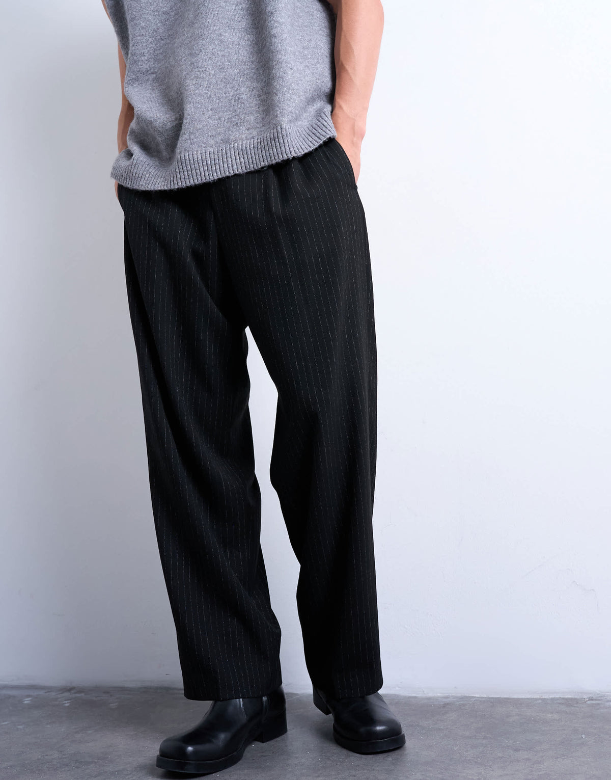 Topman pleated wide leg trouser in black pinstripe