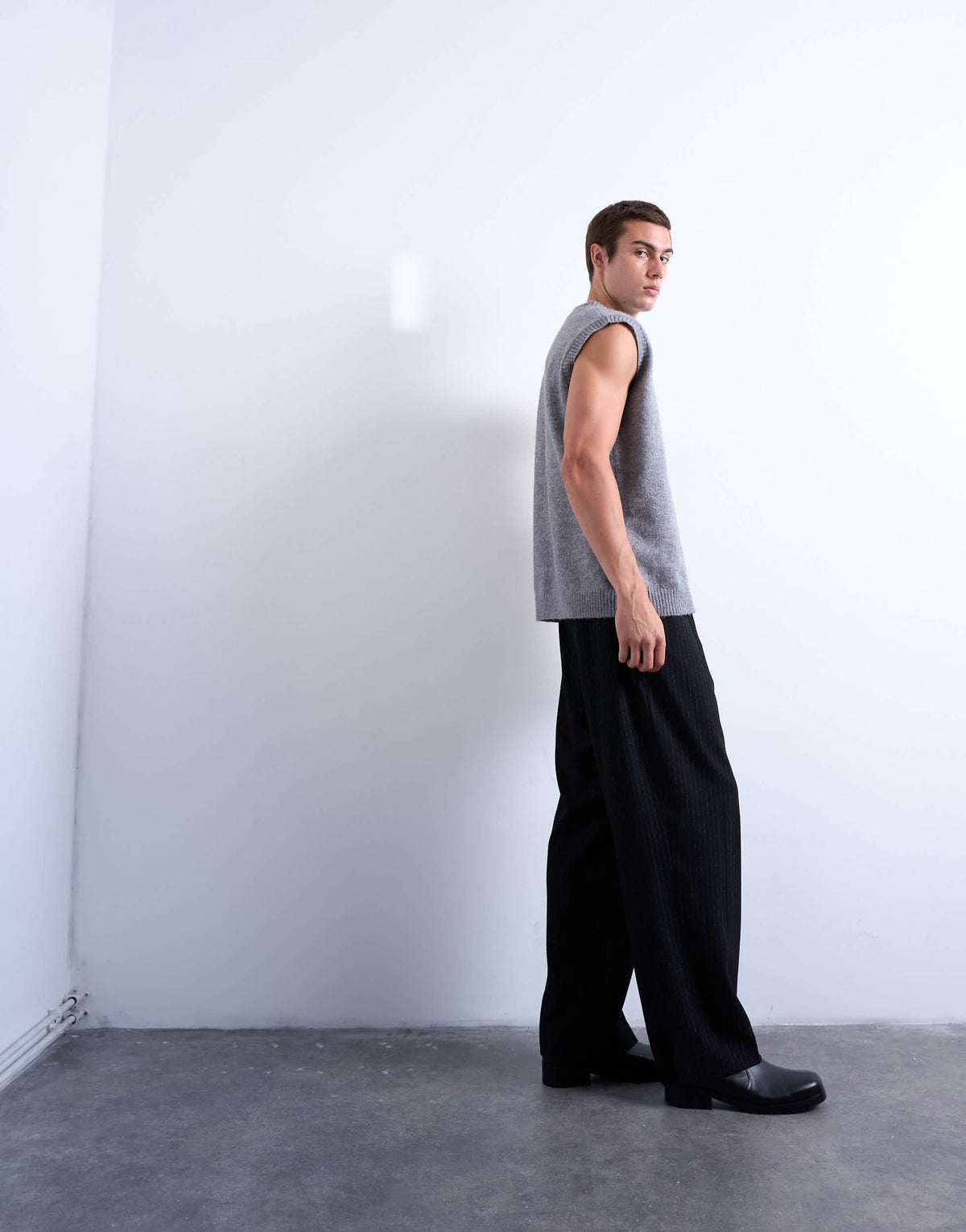 Topman pleated wide leg trouser in black pinstripe