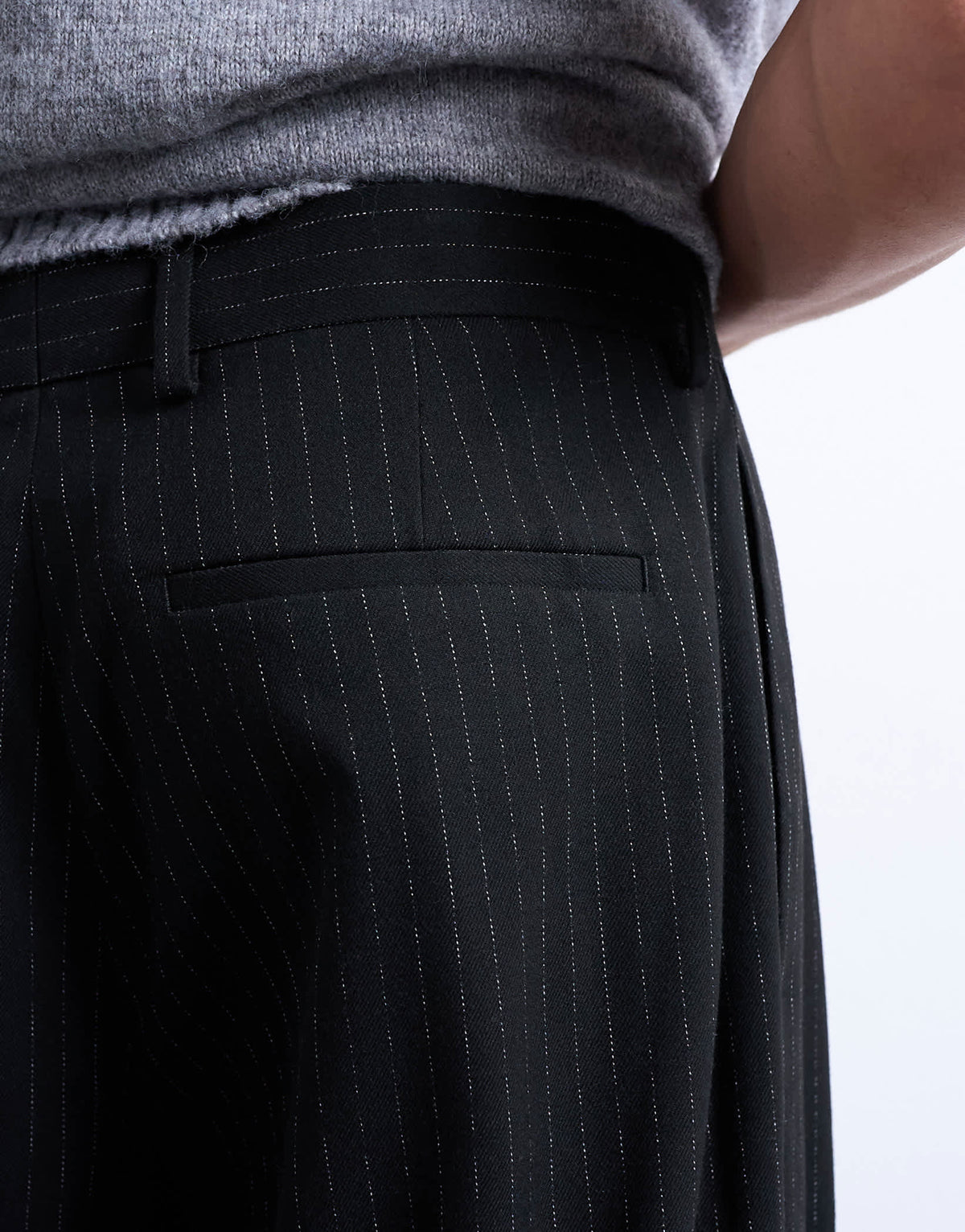 Topman pleated wide leg trouser in black pinstripe