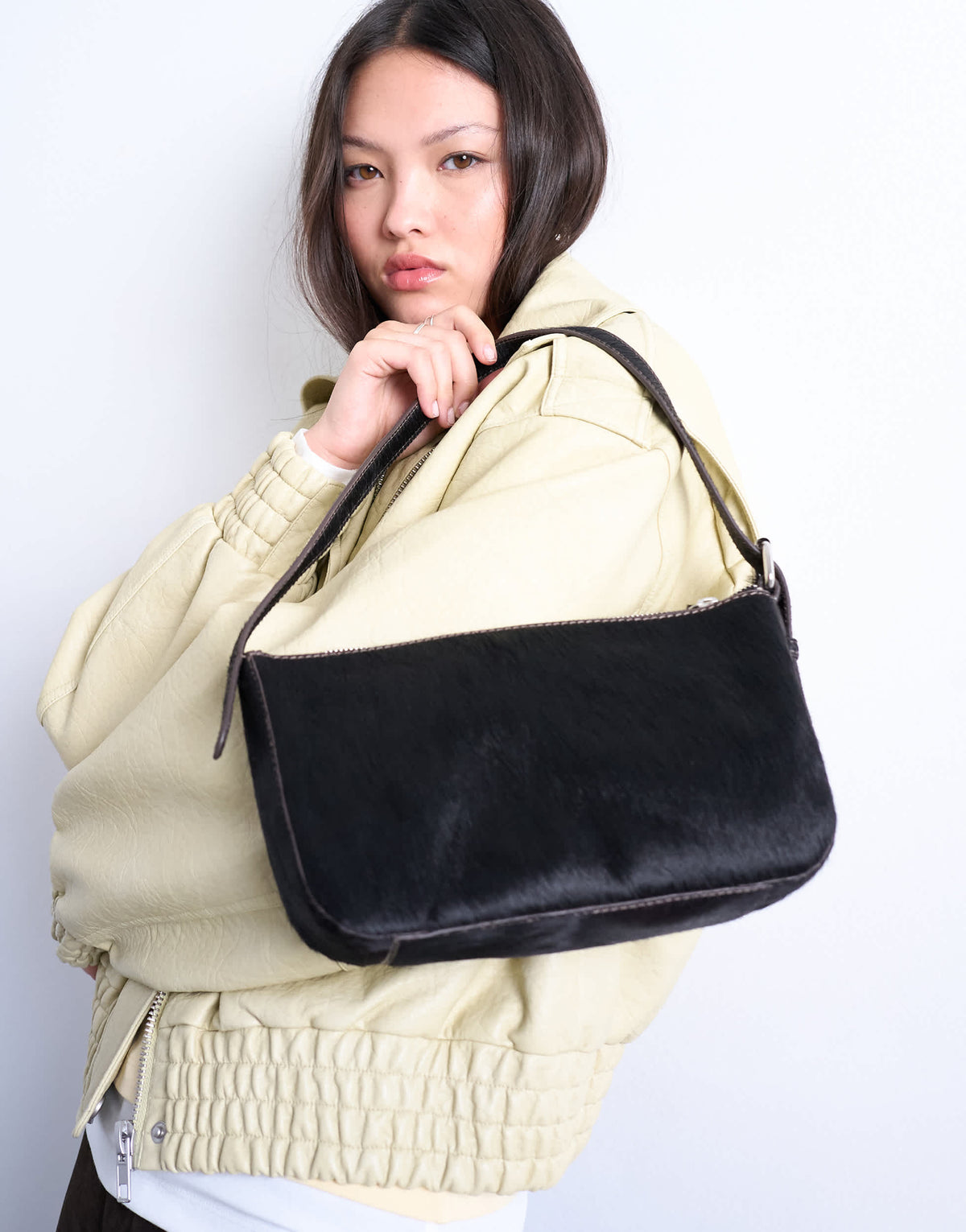 Topshop Stina hair on real leather shoulder bag in chocolate