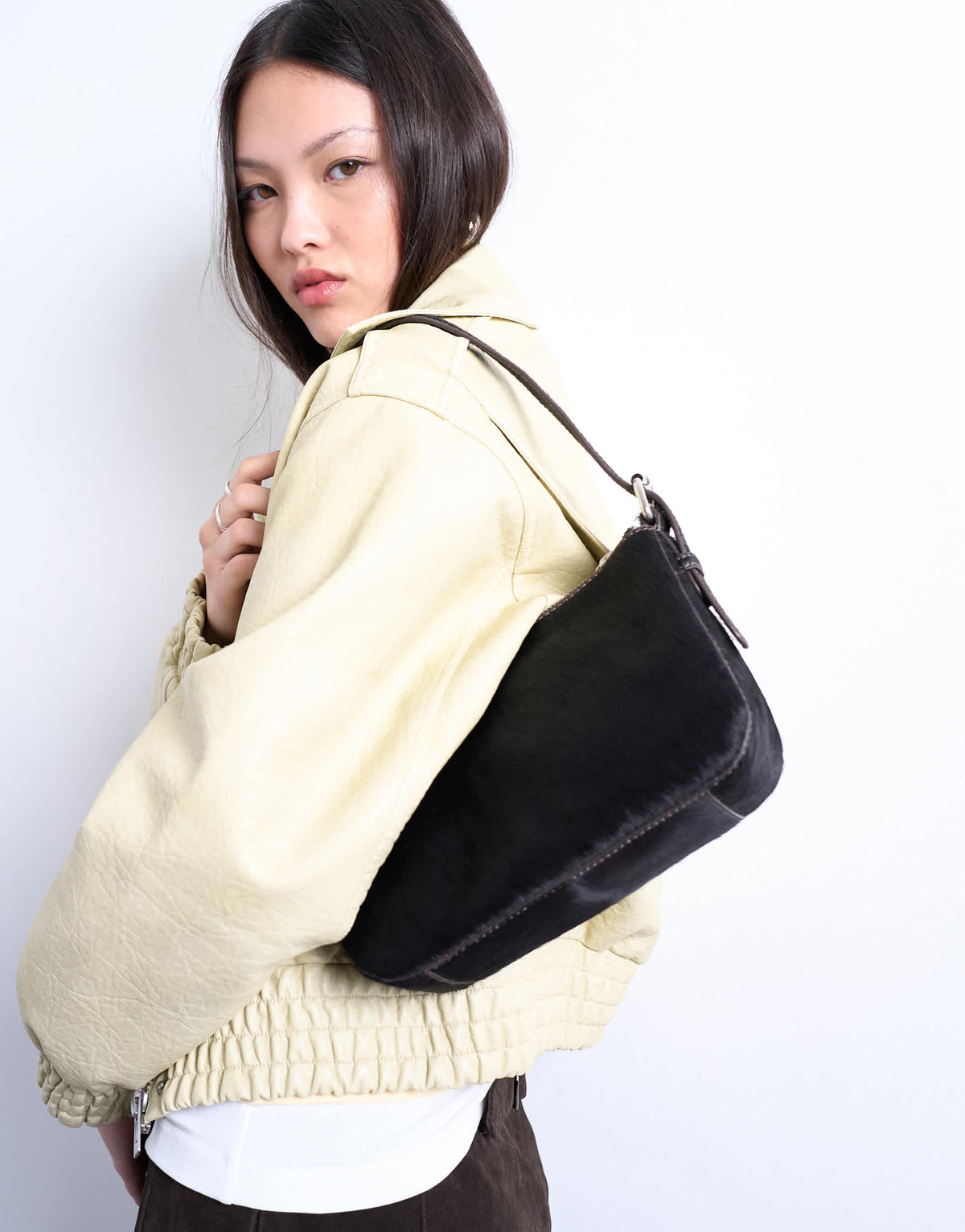 Topshop Stina hair on real leather shoulder bag in chocolate
