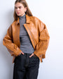 Topshop faux leather zip through seam detail jacket in tan