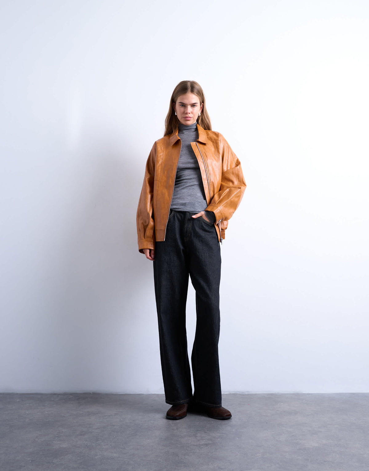 Topshop faux leather zip through seam detail jacket in tan