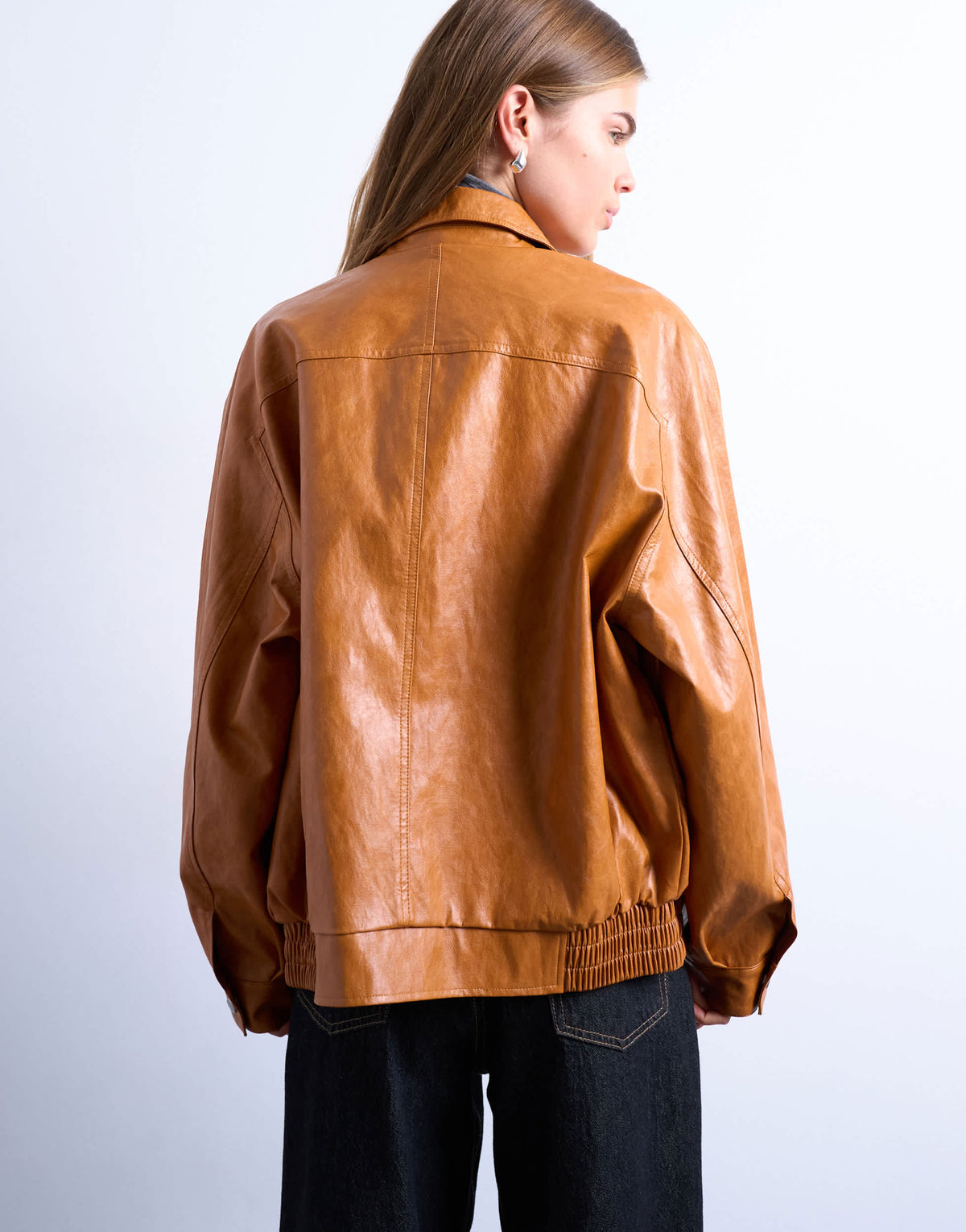 Topshop faux leather zip through seam detail jacket in tan