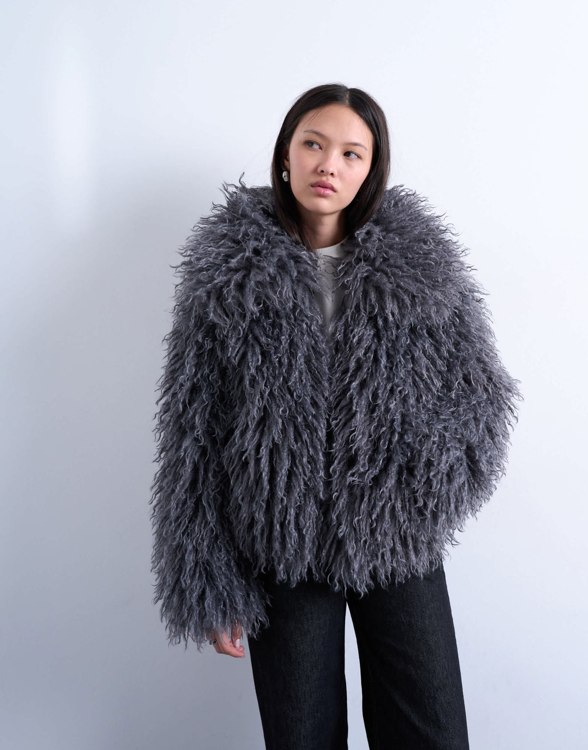 Topshop faux mongolian fur bomber coat in grey