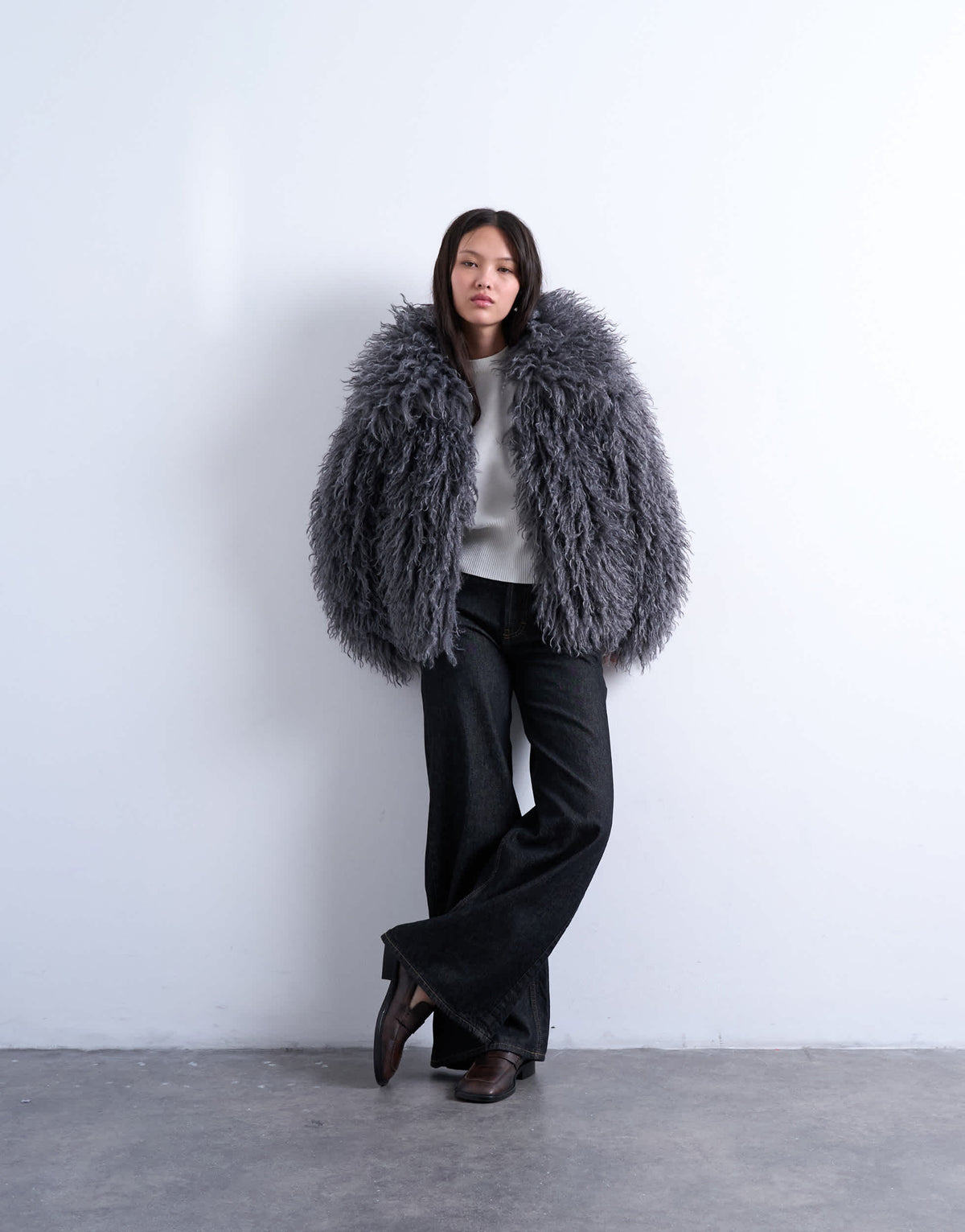 Topshop faux mongolian fur bomber coat in grey