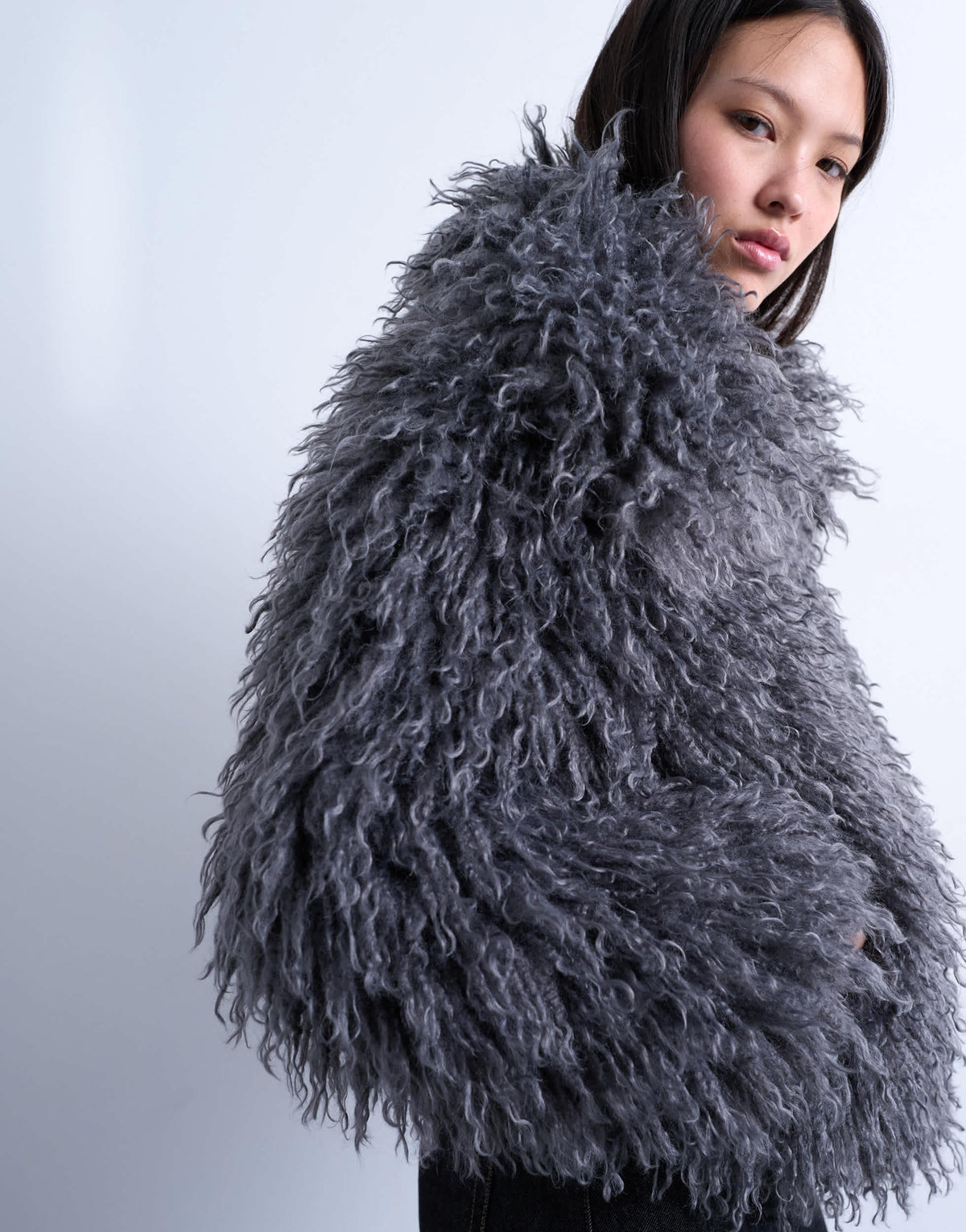 Topshop faux mongolian fur bomber coat in grey