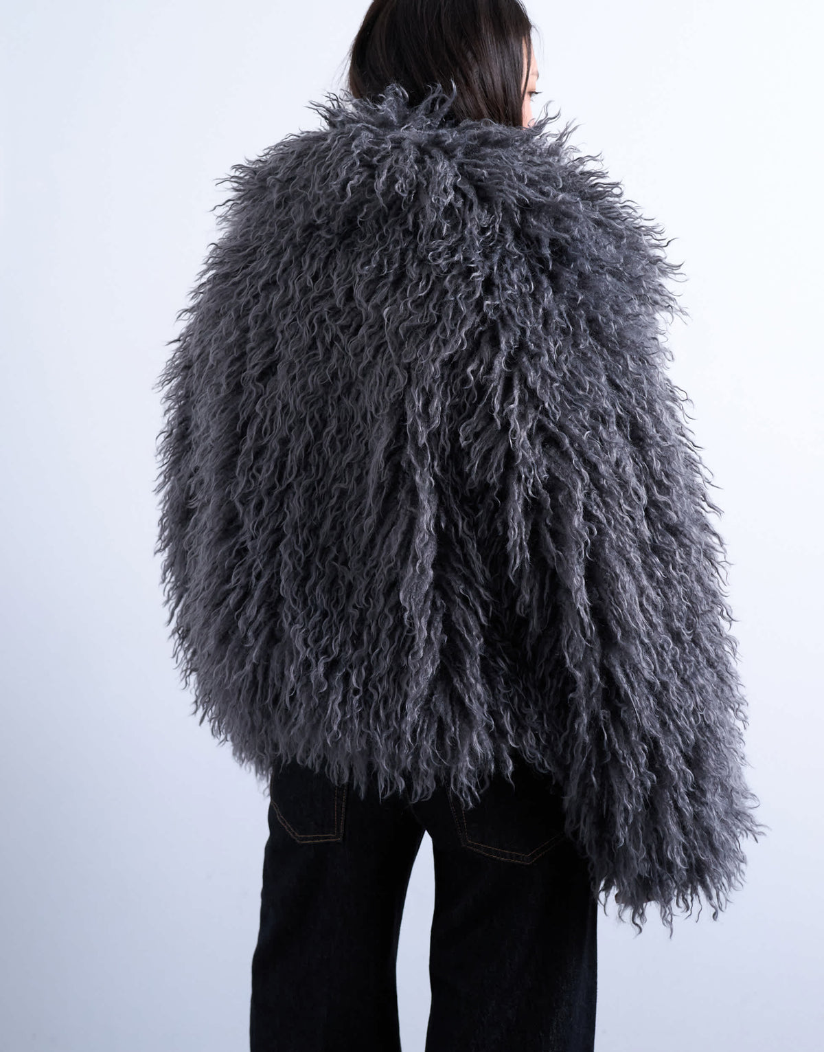 Topshop faux mongolian fur bomber coat in grey